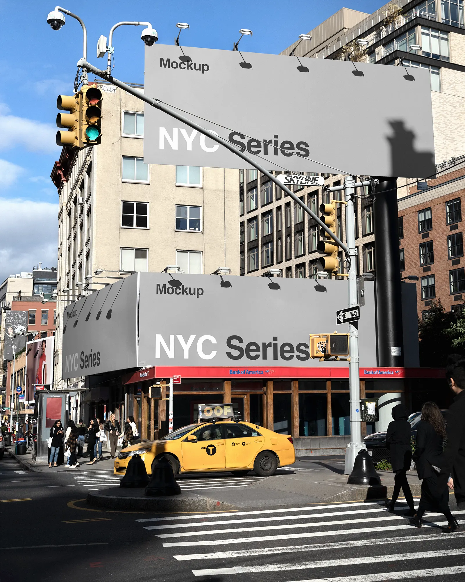 Billboard poster mockups on a building in New York City, Manhattan, United States - NY poster screen photoshop mockup for graphic design US23NY0454