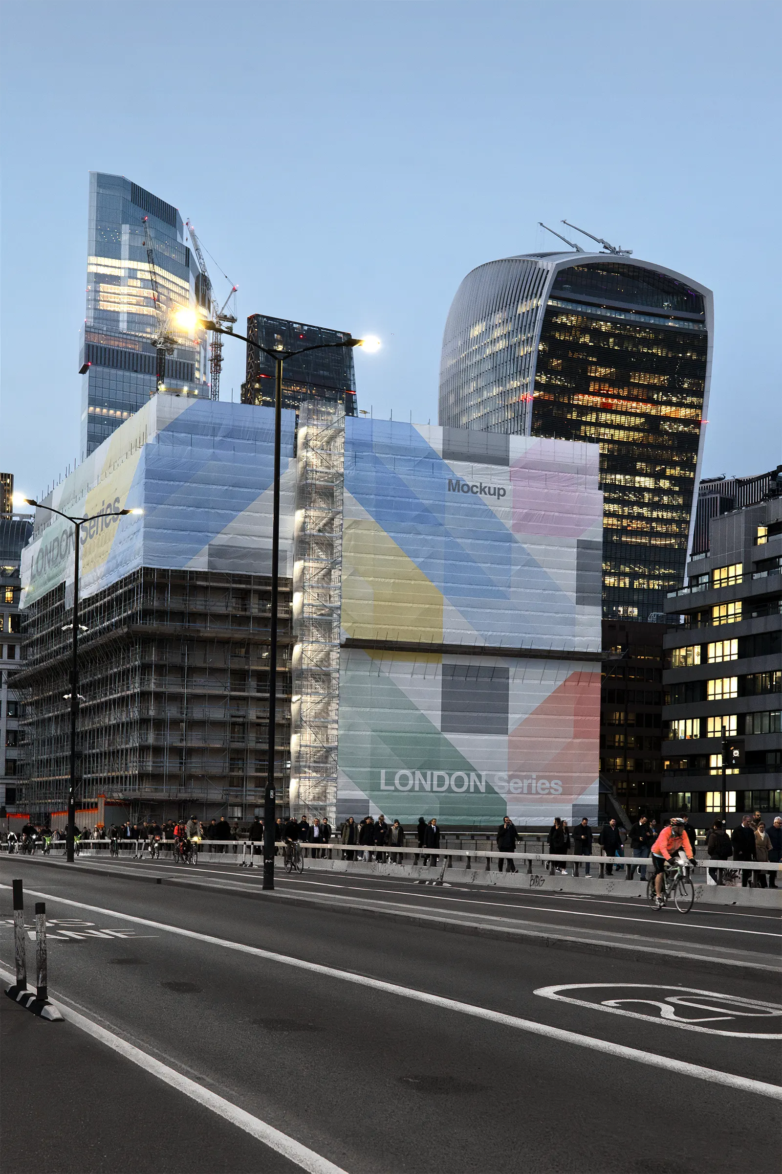 Banner mockup on a skyscraper building in Central London, United-Kingdom, UK at night - billboard photoshop mockup for graphic design UK23LON0577