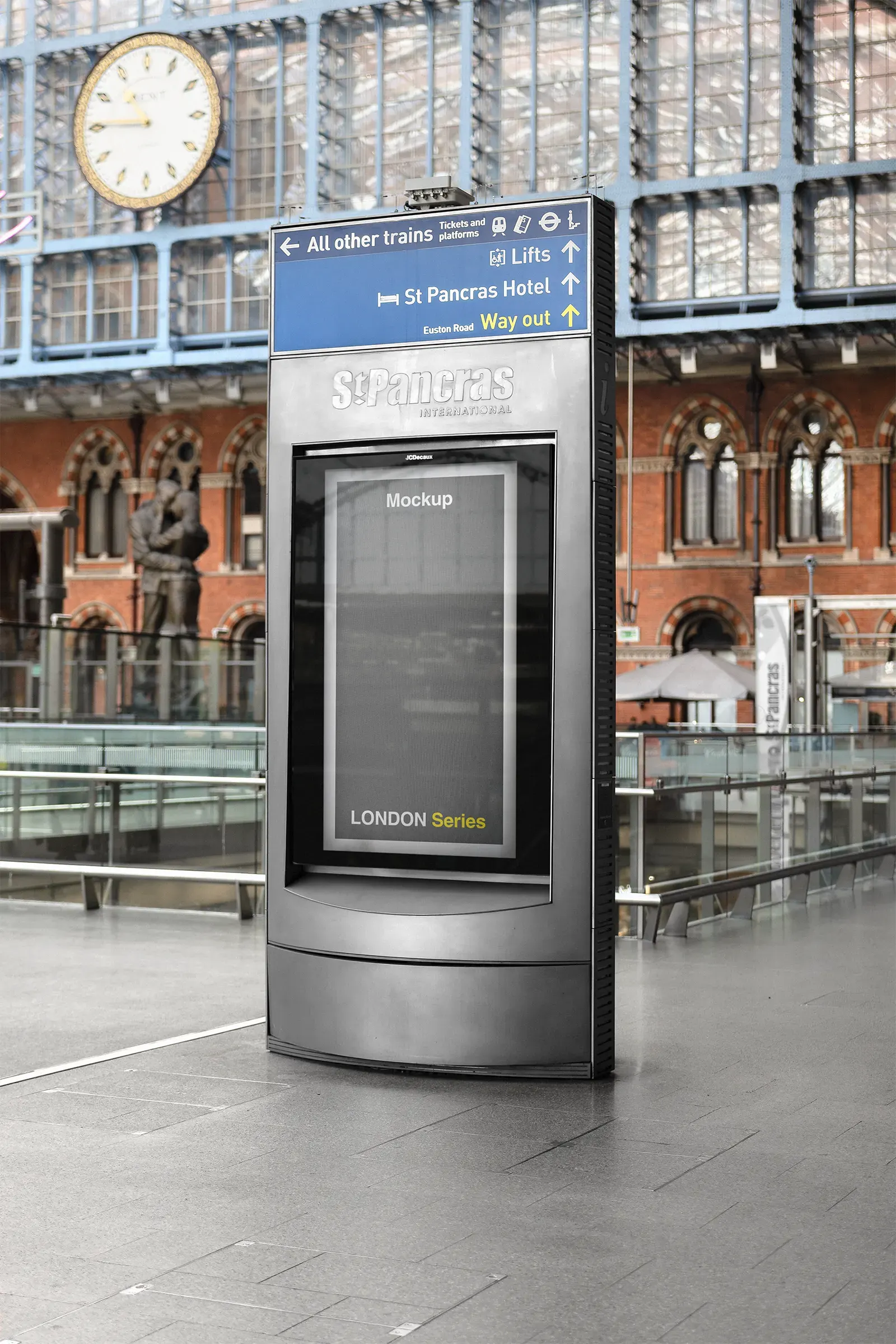 Digital screen poster mockup in Saint Pancras International Train Station, Eurostar, London Underground, United Kingdom - subway billboard photoshop mockup for graphic design UK23LON0185