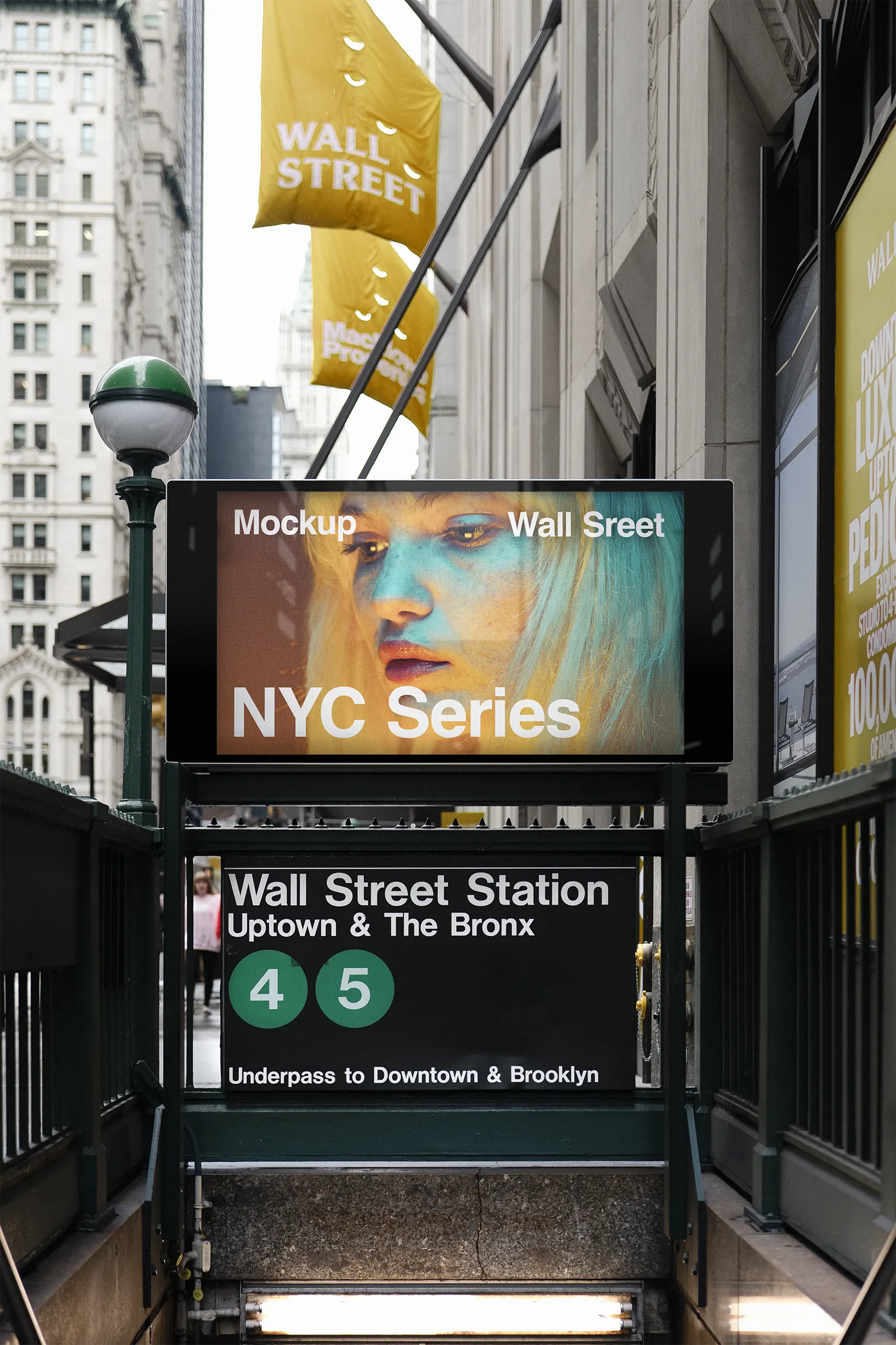 Digital screen billboard mockup at Wall Street Stock Exchange subway station in Manhattan, New York, United States - NY poster photoshop mockup for graphic design US23NY0152