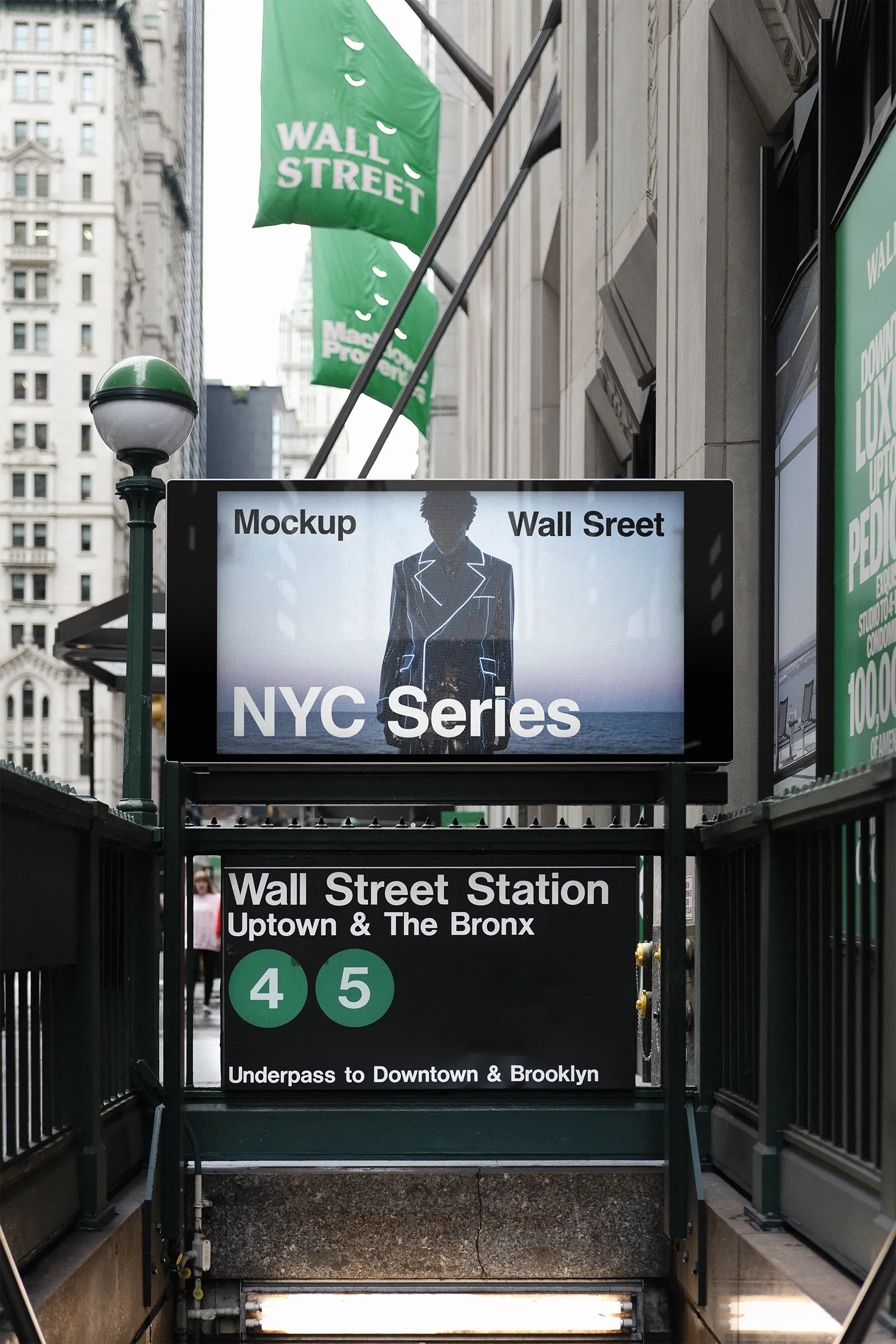 Digital screen billboard mockup at Wall Street Stock Exchange subway station in Manhattan, New York, United States - NY poster photoshop mockup for graphic design US23NY0152