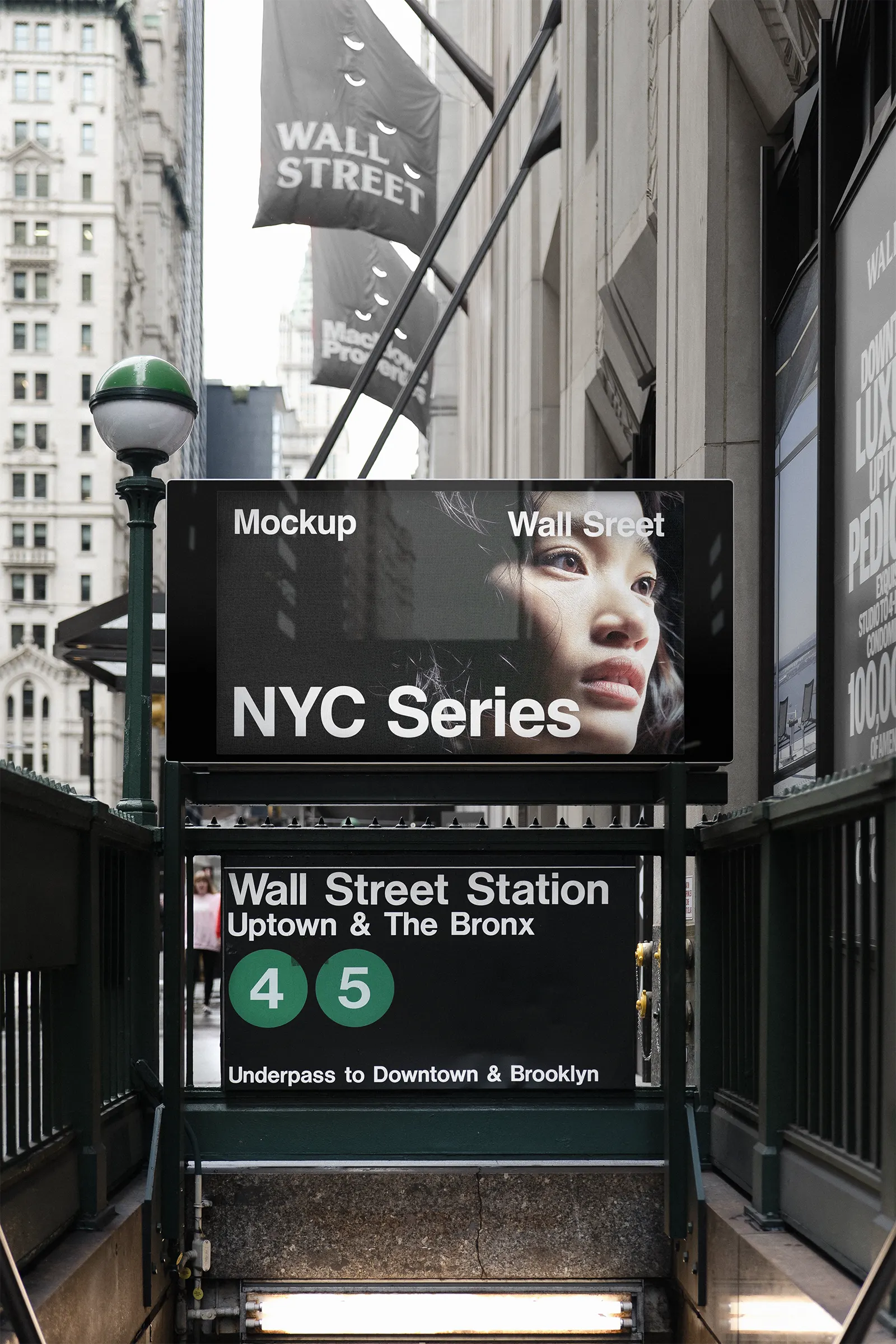 Digital screen billboard mockup at Wall Street Stock Exchange subway station in Manhattan, New York, United States - NY poster photoshop mockup for graphic design US23NY0152