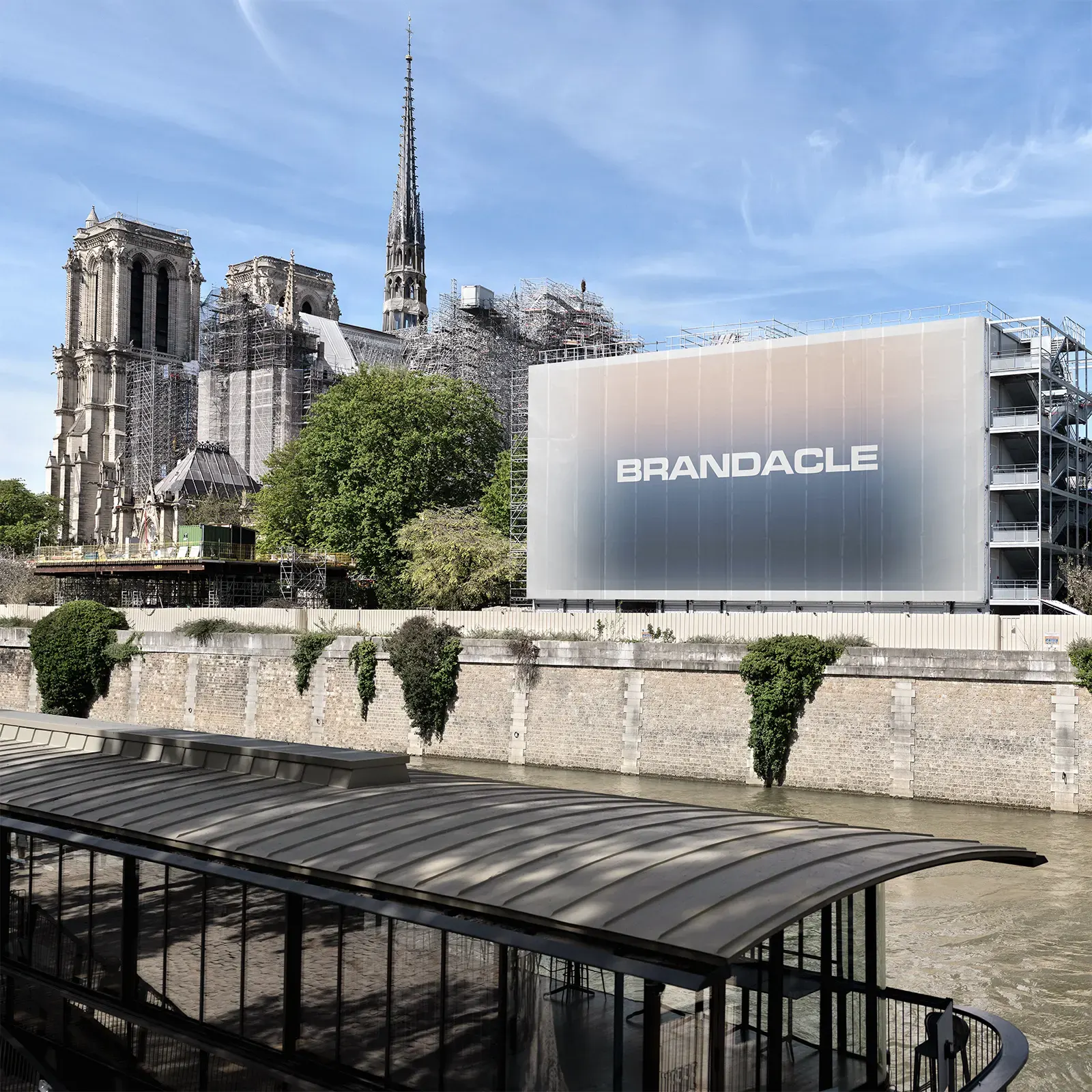 Banner billboard mockup on cathedral Notre-Dame-De-Paris by the Seine River in Central Paris, France - poster photoshop mockup for graphic design FR24PRS160