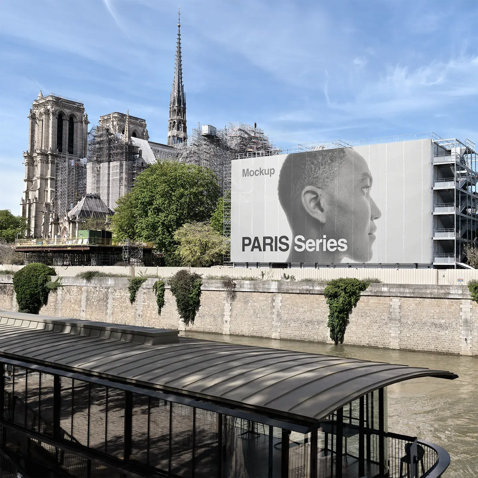 Banner billboard mockup on cathedral Notre-Dame-De-Paris by the Seine River in Central Paris, France - poster photoshop mockup for graphic design FR24PRS160