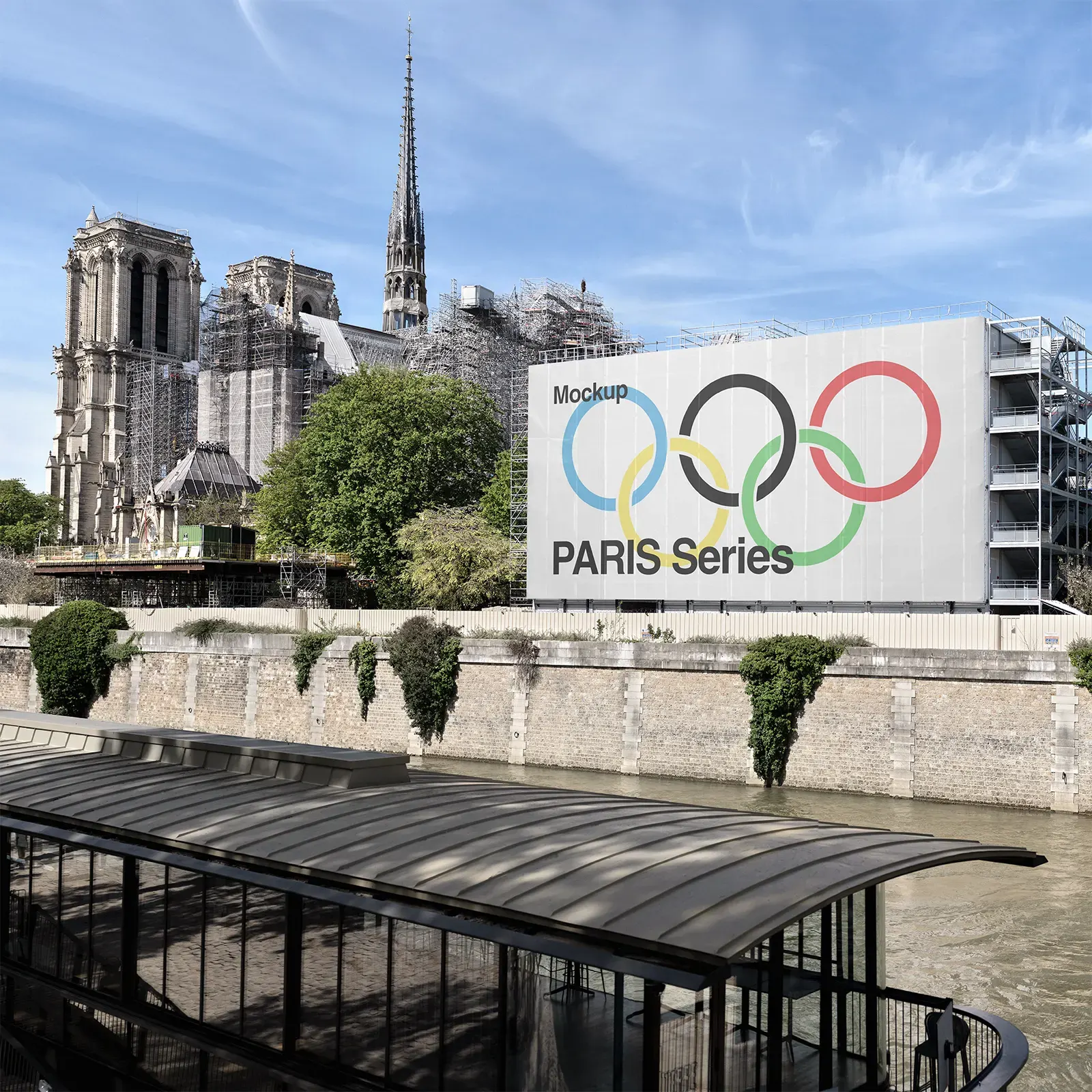 Banner billboard mockup on cathedral Notre-Dame-De-Paris by the Seine River in Central Paris, France - poster photoshop mockup for graphic design FR24PRS160