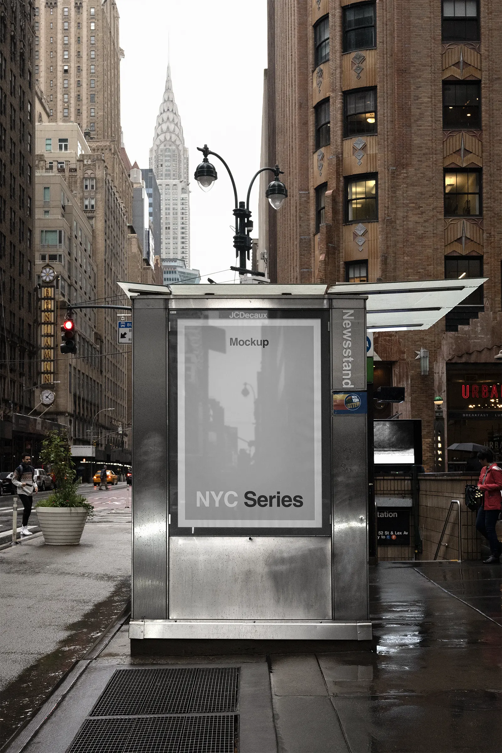 Poster billboard mockup against the backdrop of the Chrysler Building in Manhattan, New York, United States - NY poster photoshop mockup for graphic design US23NY1530