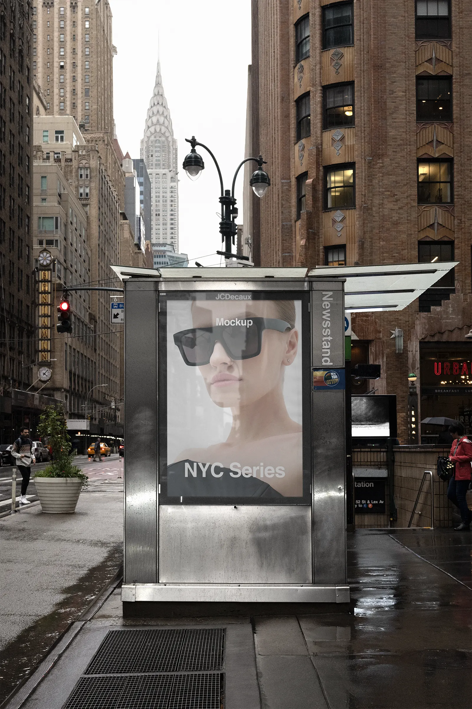 Poster billboard mockup against the backdrop of the Chrysler Building in Manhattan, New York, United States - NY poster photoshop mockup for graphic design US23NY1530