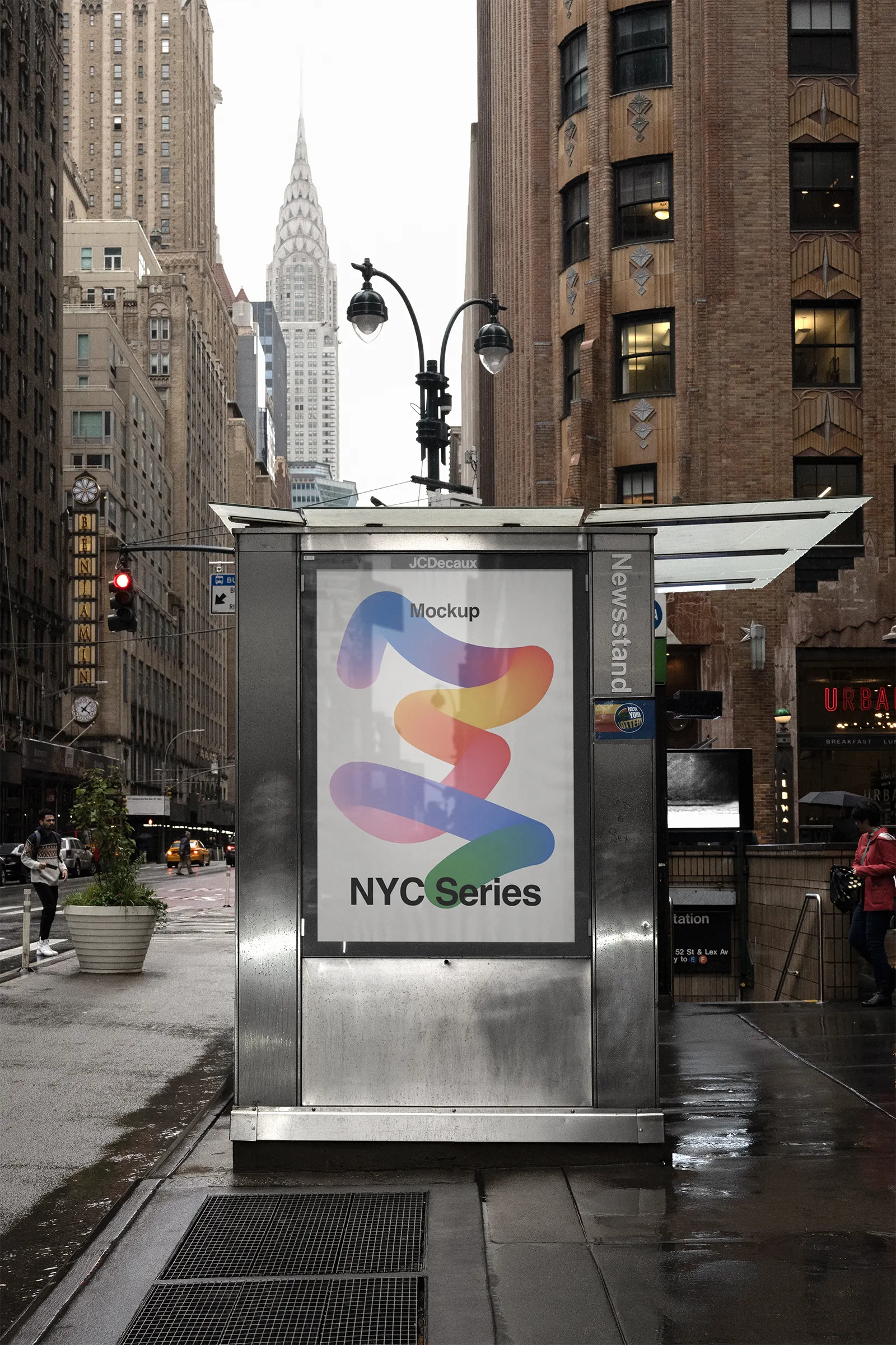 Poster billboard mockup against the backdrop of the Chrysler Building in Manhattan, New York, United States - NY poster photoshop mockup for graphic design US23NY1530