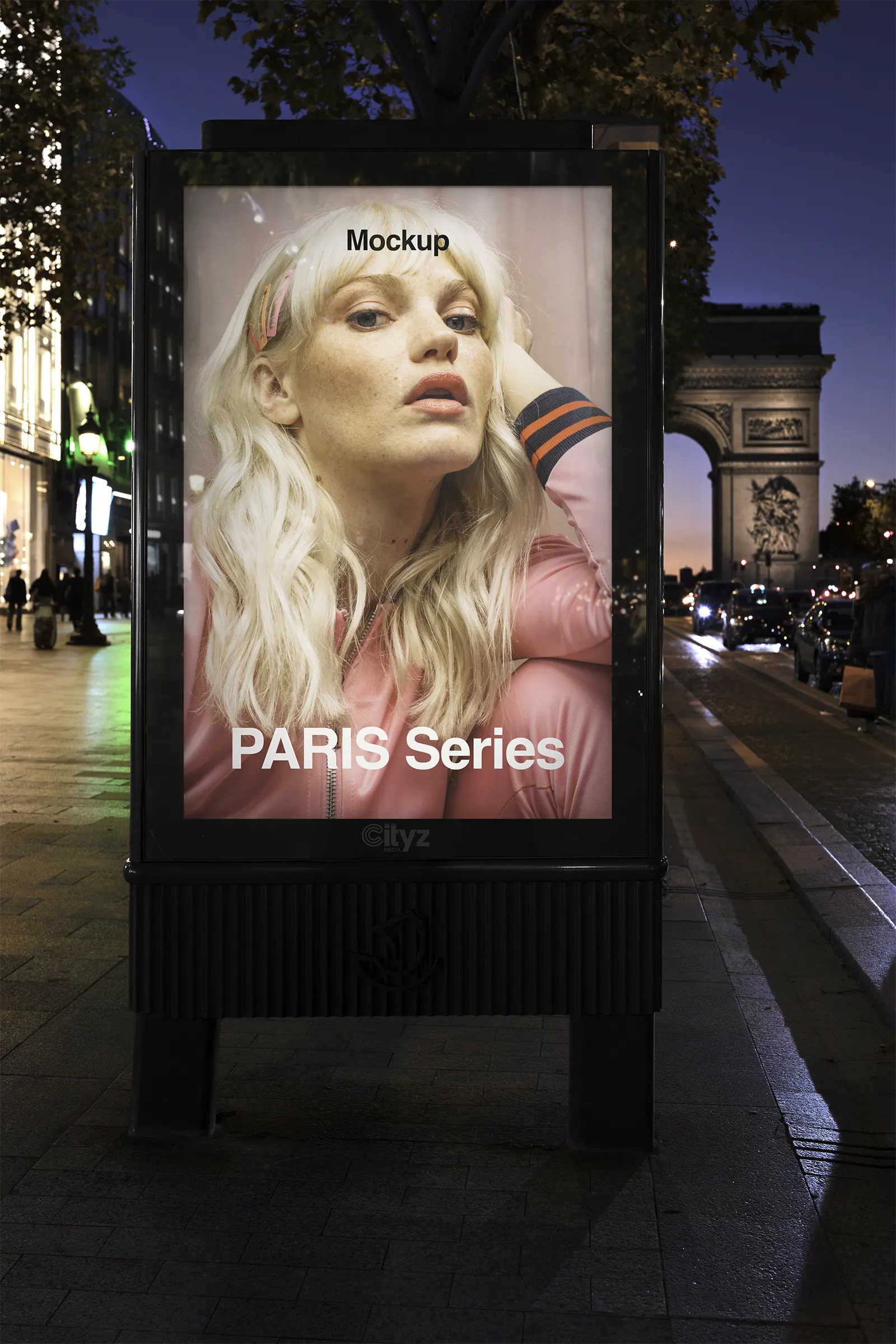 Billboard poster mockup on the champs elysées avenue in Paris, France - Arc De Triomphe monument with screen photoshop mockup for graphic design FR24PRS0499