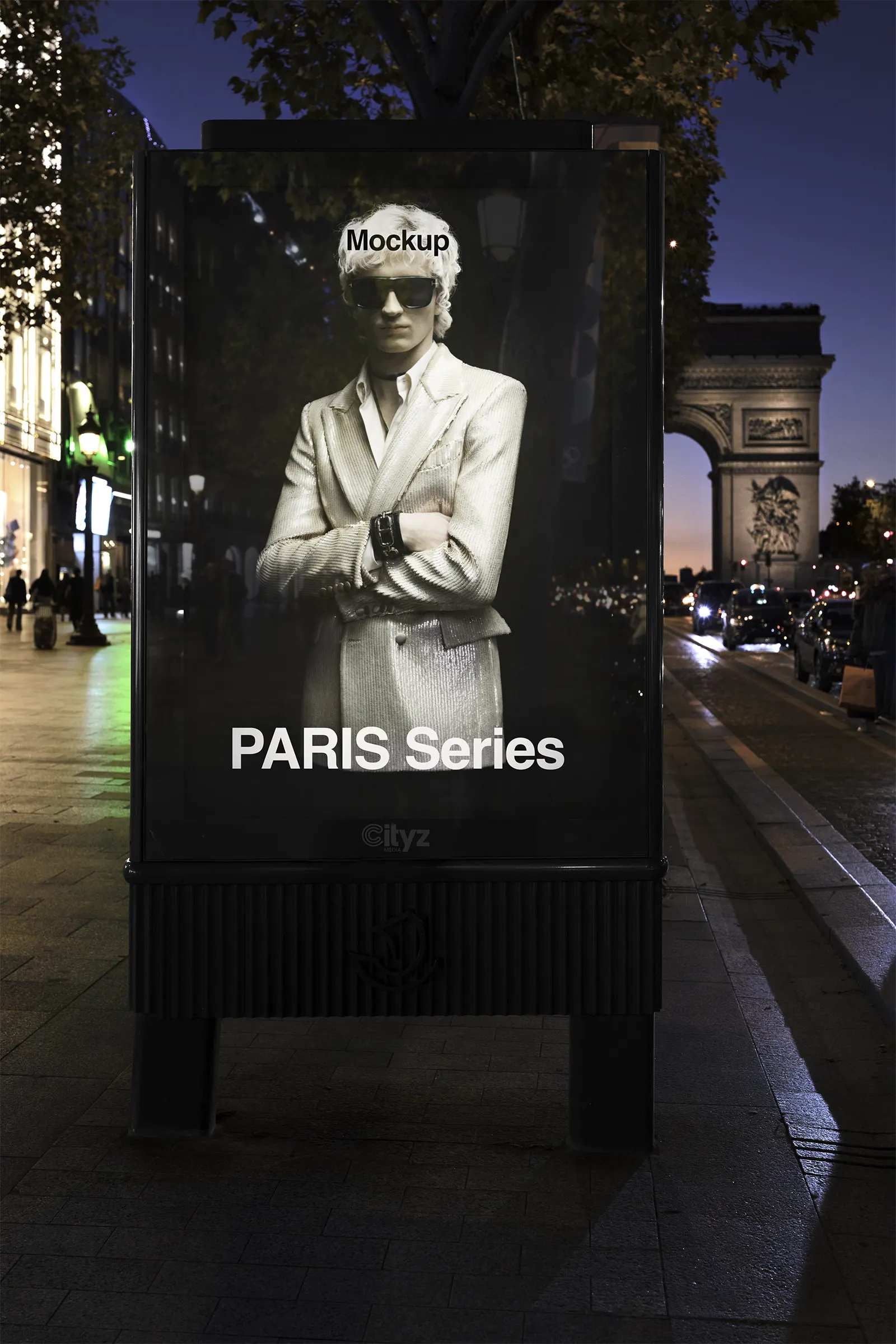 Billboard poster mockup on the champs elysées avenue in Paris, France - Arc De Triomphe monument with screen photoshop mockup for graphic design FR24PRS0499