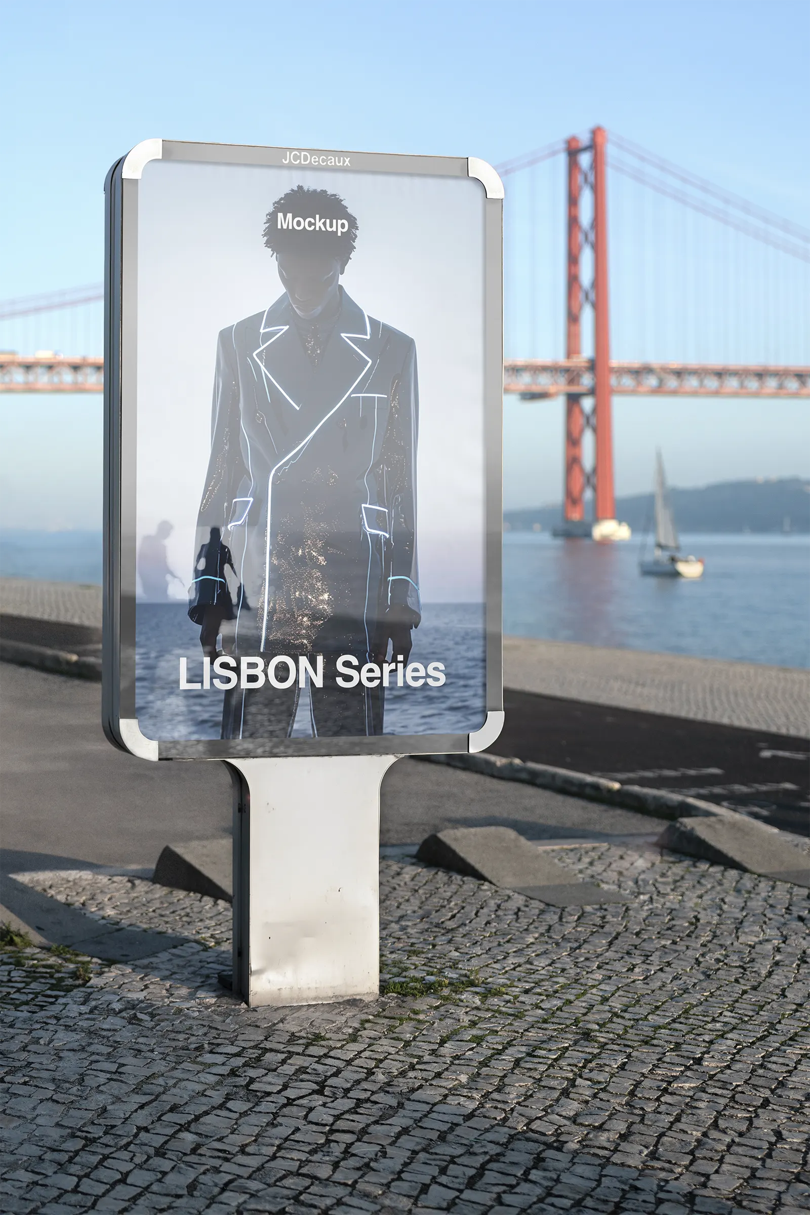 Poster mockup in Lisbon, Portugal - billboard screen photoshop mockup by a bridge like the Golden Gate, for graphic design PT23LIS004
