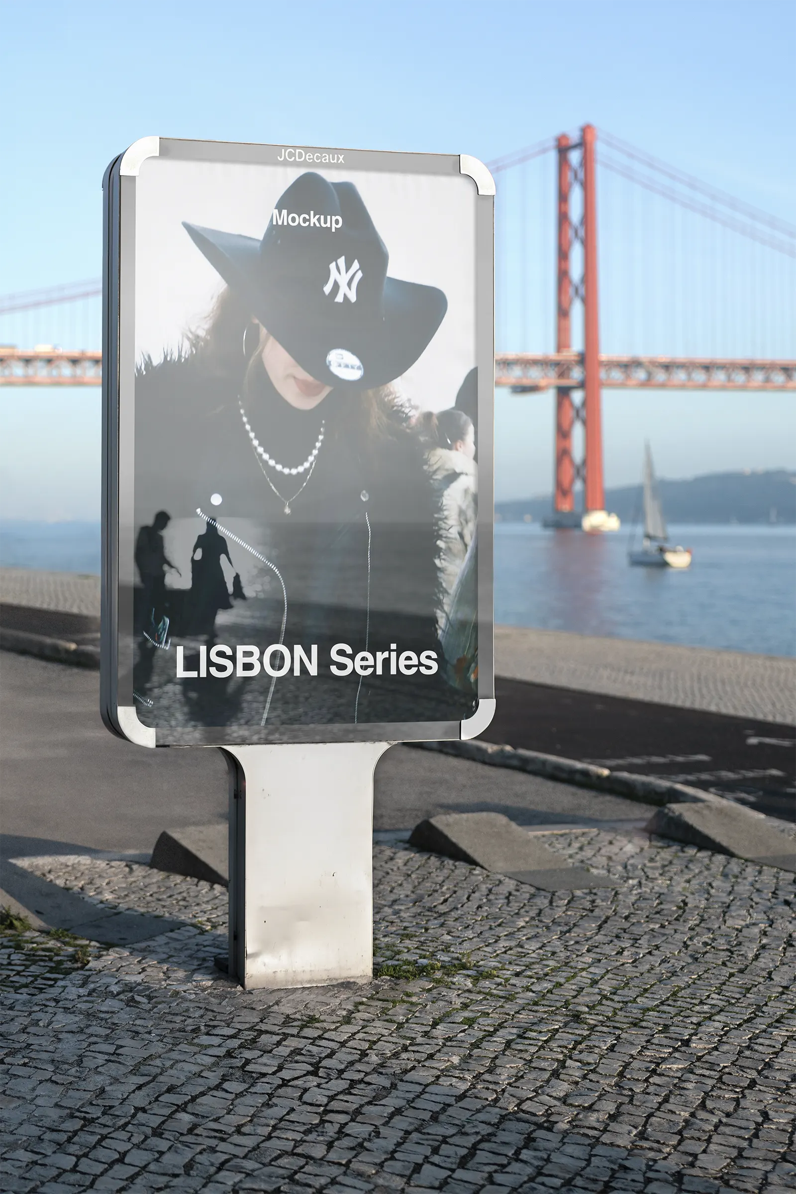 Poster mockup in Lisbon, Portugal - billboard screen photoshop mockup by a bridge like the Golden Gate, for graphic design PT23LIS004
