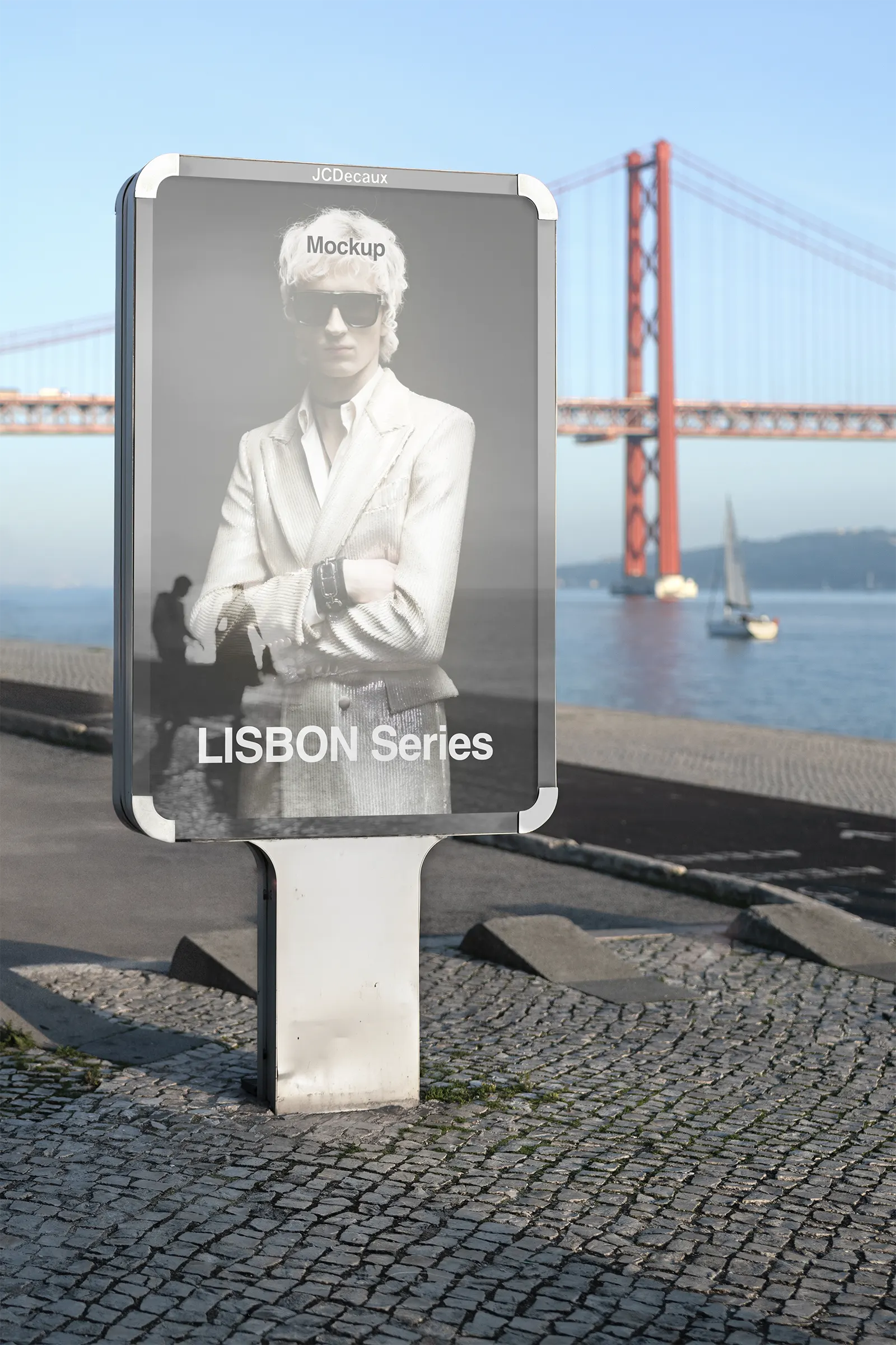 Poster mockup in Lisbon, Portugal - billboard screen photoshop mockup by a bridge like the Golden Gate, for graphic design PT23LIS004