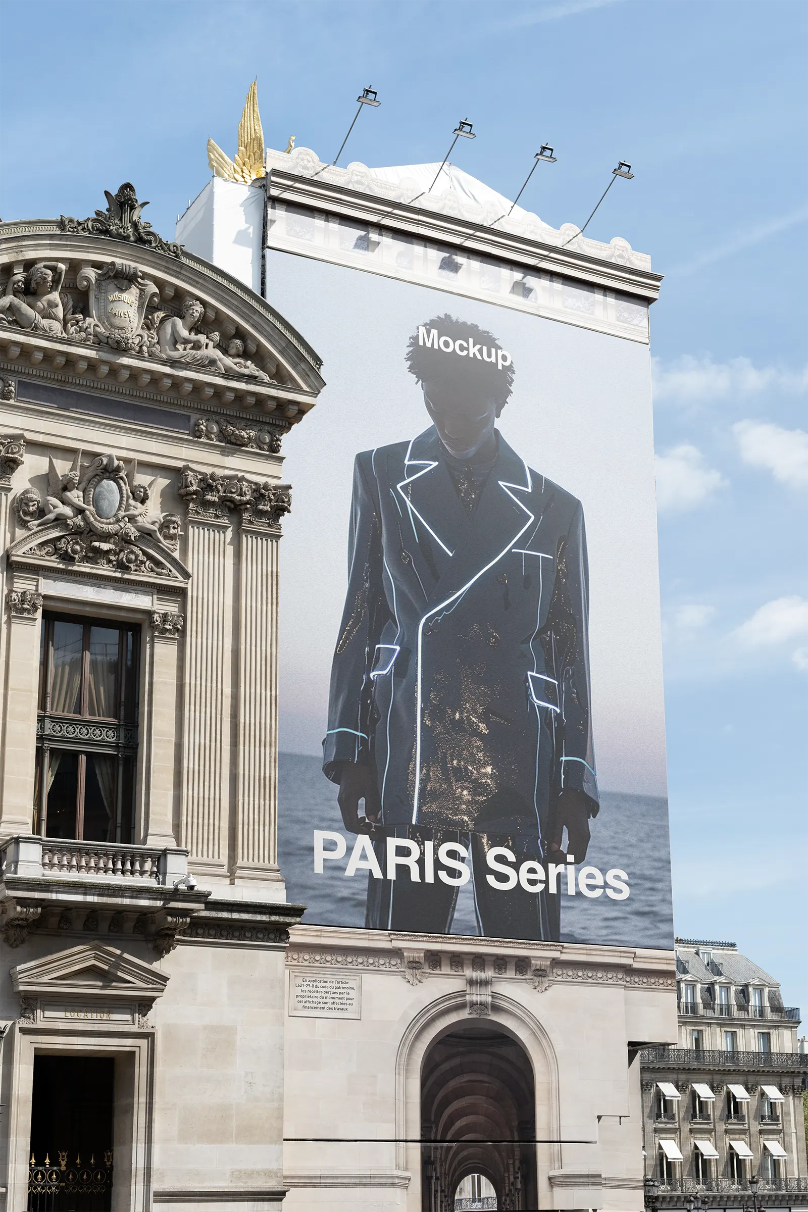 Banner mockup on the facade of the Palais Garnier Opera house, Paris, France - billboard poster photoshop mockup for graphic design FR24PRS093