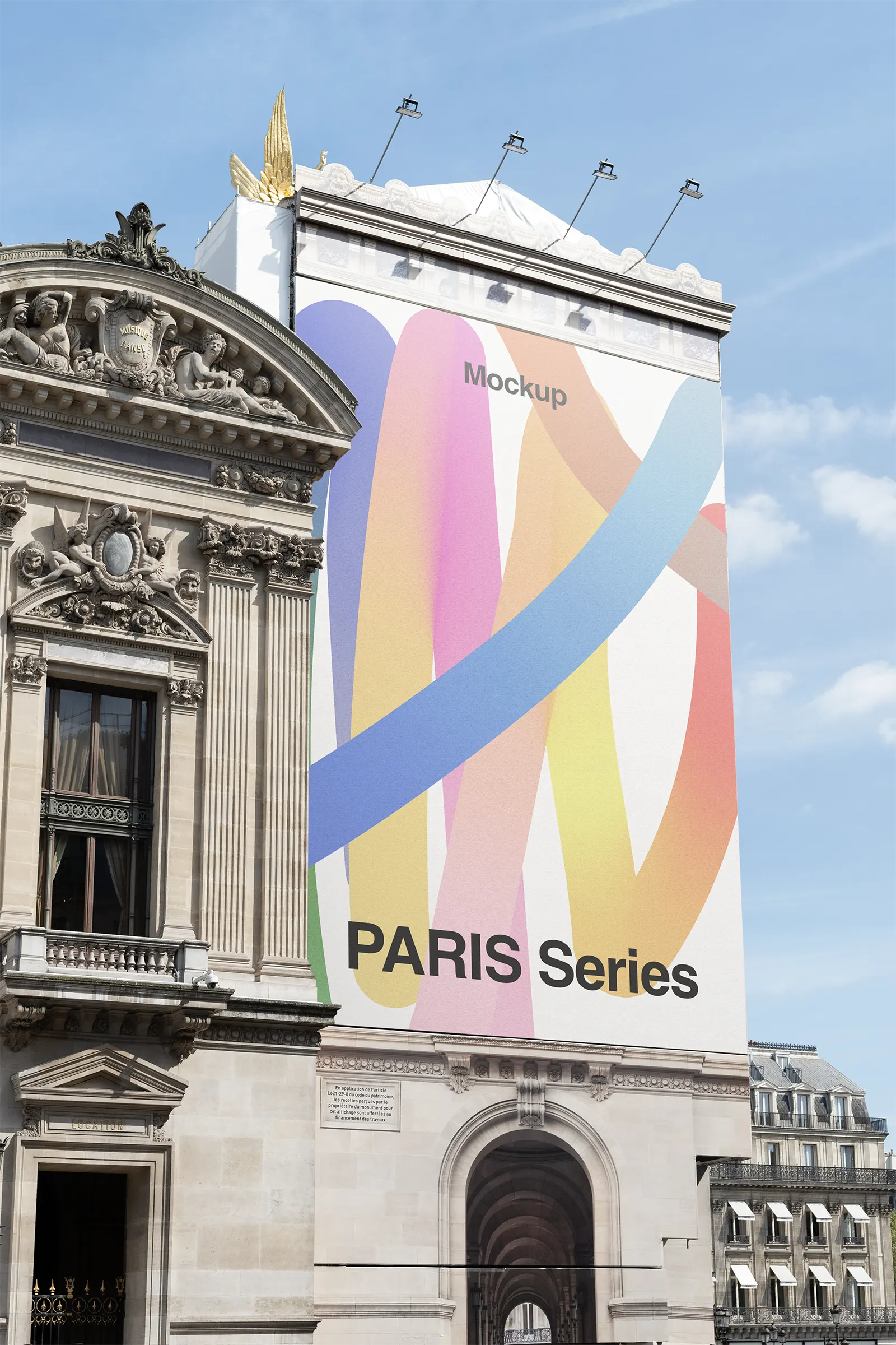 Banner mockup on the facade of the Palais Garnier Opera house, Paris, France - billboard poster photoshop mockup for graphic design FR24PRS093