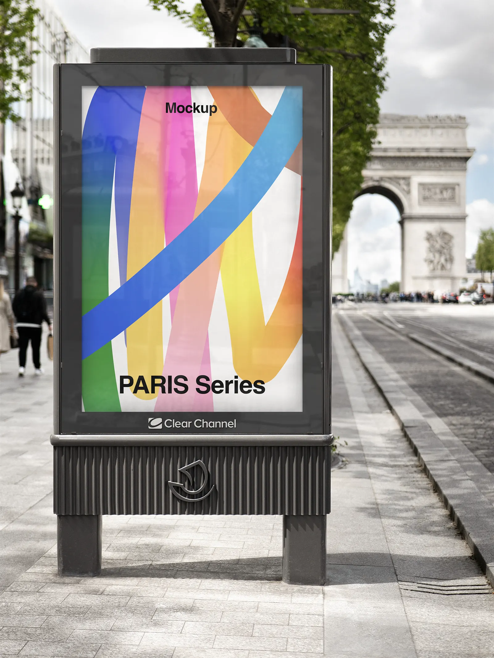 Billboard poster mockup on the champs elysées avenue in Paris, France - Arc De Triomphe monument with screen photoshop mockup for graphic design FR23PRS0102