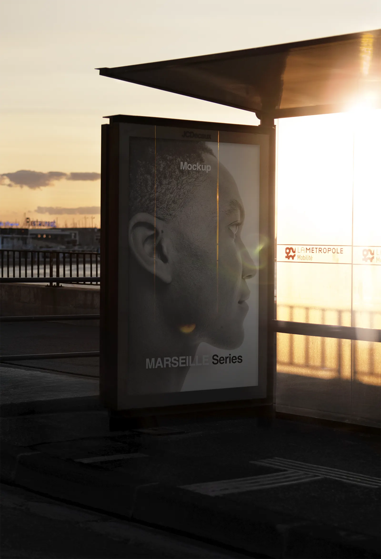 Poster mockup at a bus stop in Marseille, France - billboard photoshop mockup for graphic design FR23MRS005