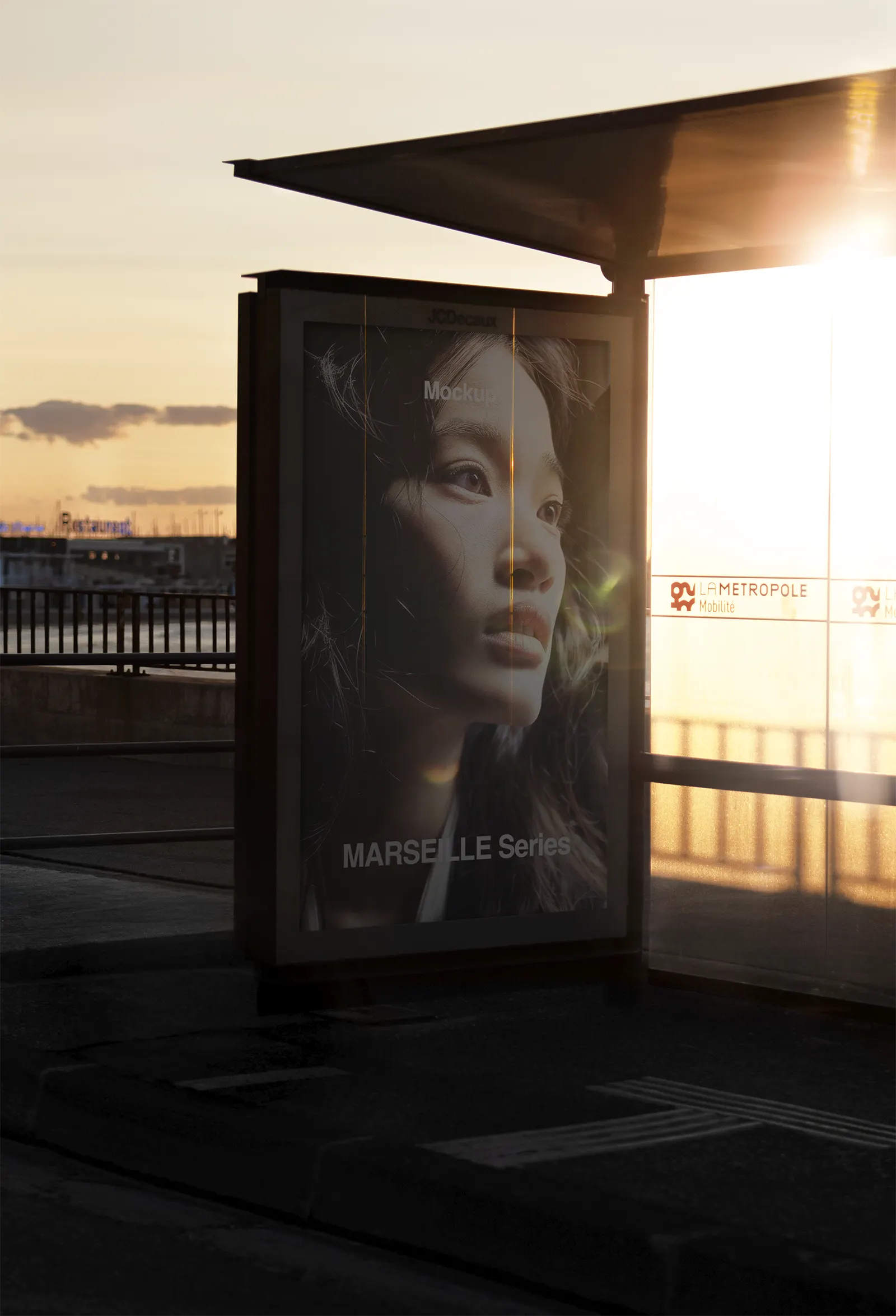 Poster mockup at a bus stop in Marseille, France - billboard photoshop mockup for graphic design FR23MRS005