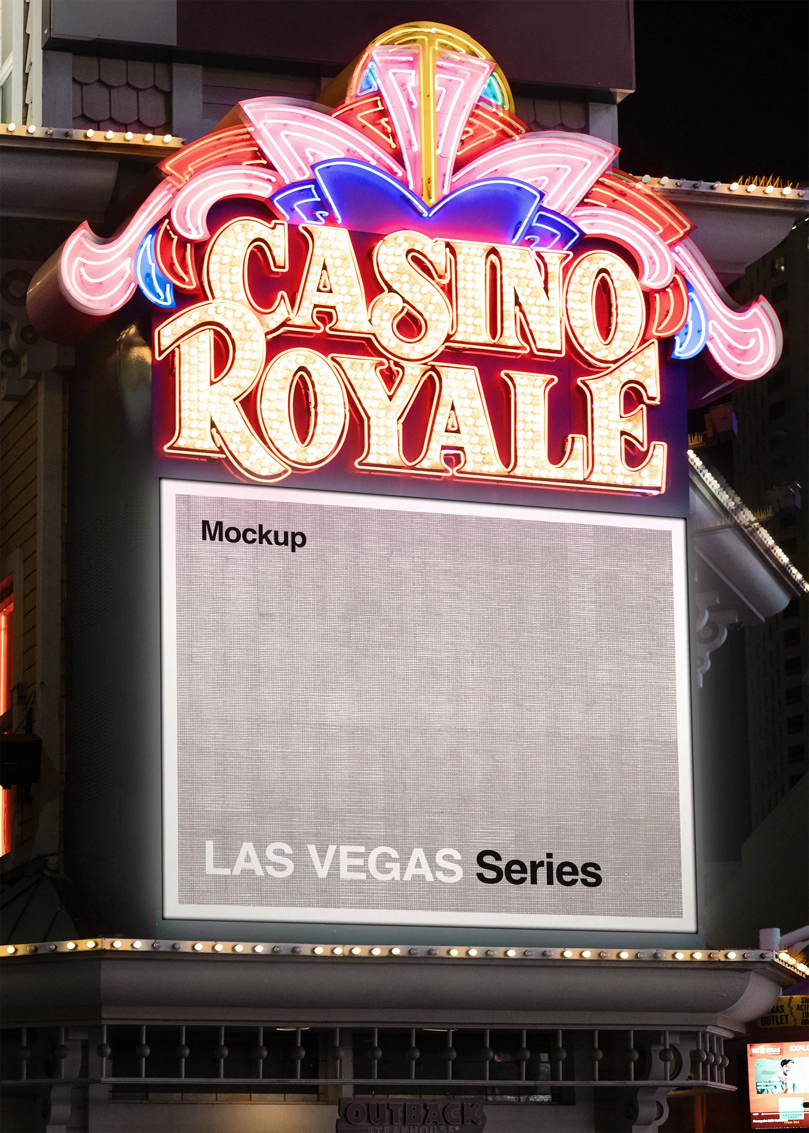 Digital billboard mockup on a casino in Las Vegas, Nevada, United States - poster screen photoshop mockup for graphic design US23WEST0636