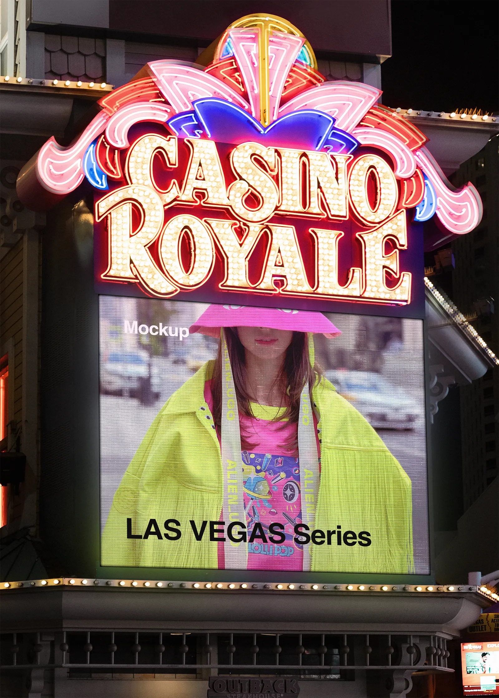 Digital billboard mockup on a casino in Las Vegas, Nevada, United States - poster screen photoshop mockup for graphic design US23WEST0636