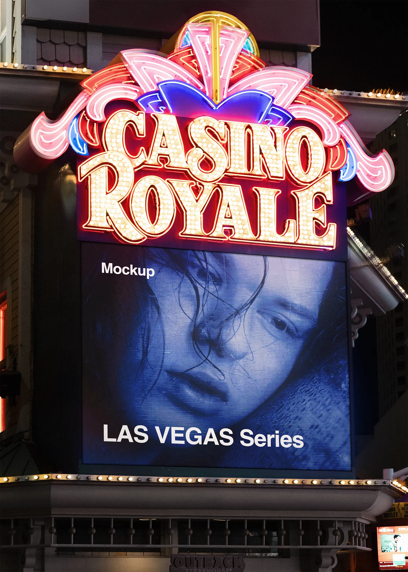 Digital billboard mockup on a casino in Las Vegas, Nevada, United States - poster screen photoshop mockup for graphic design US23WEST0636