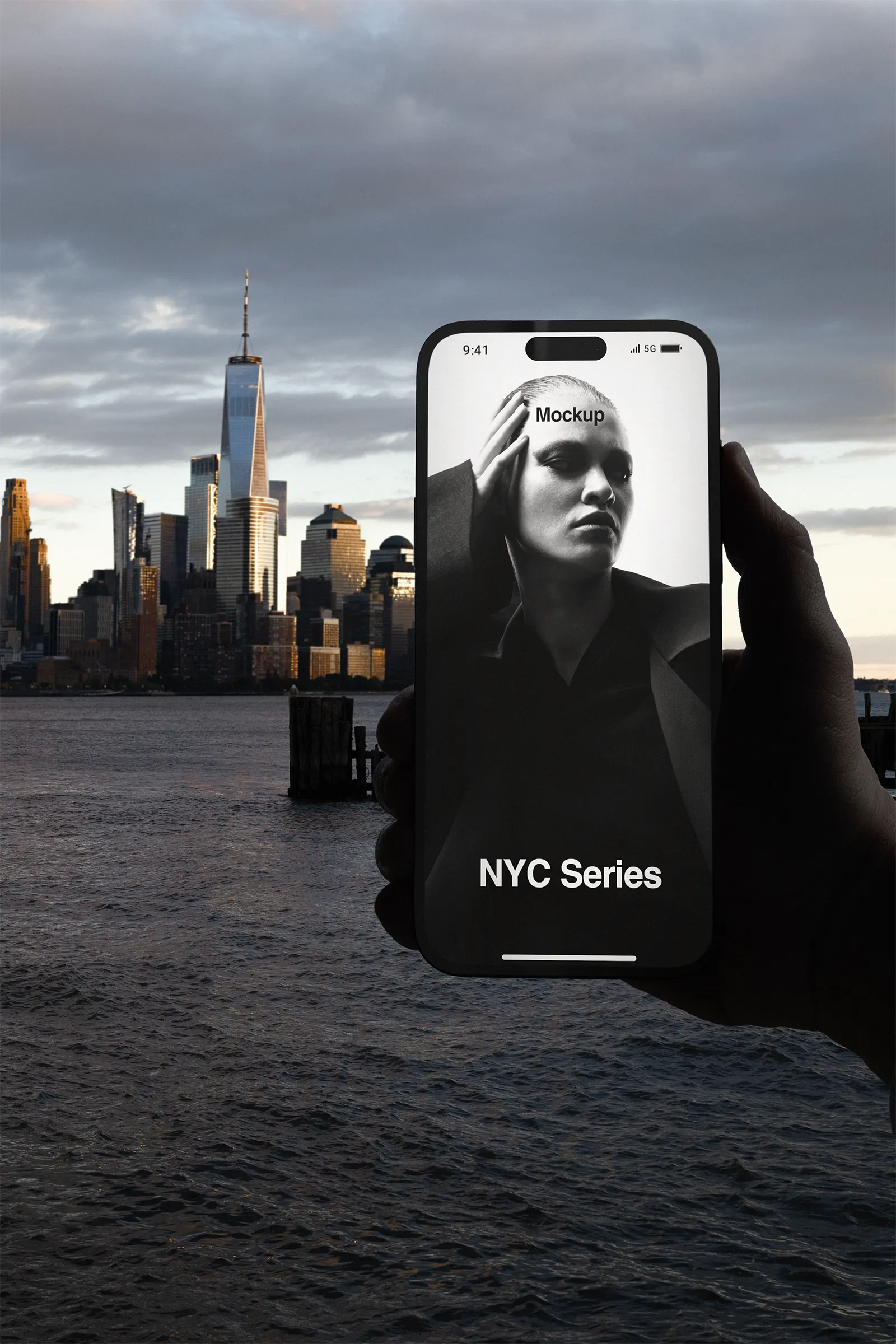 Phone mockup in front of Manhattan, New York, United States -iphone device photoshop mockup for graphic design US23NY1631