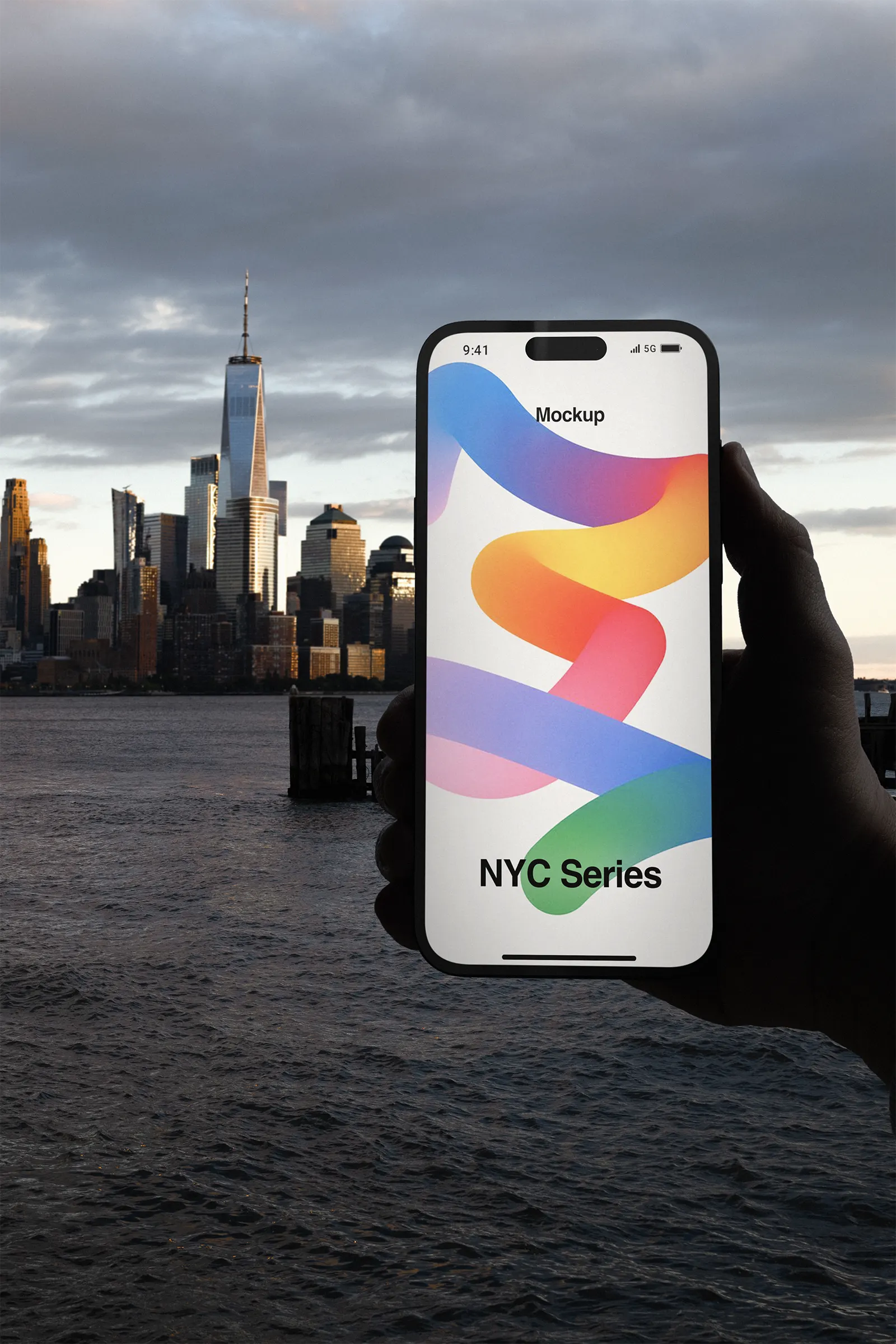 Phone mockup in front of Manhattan, New York, United States -iphone device photoshop mockup for graphic design US23NY1631