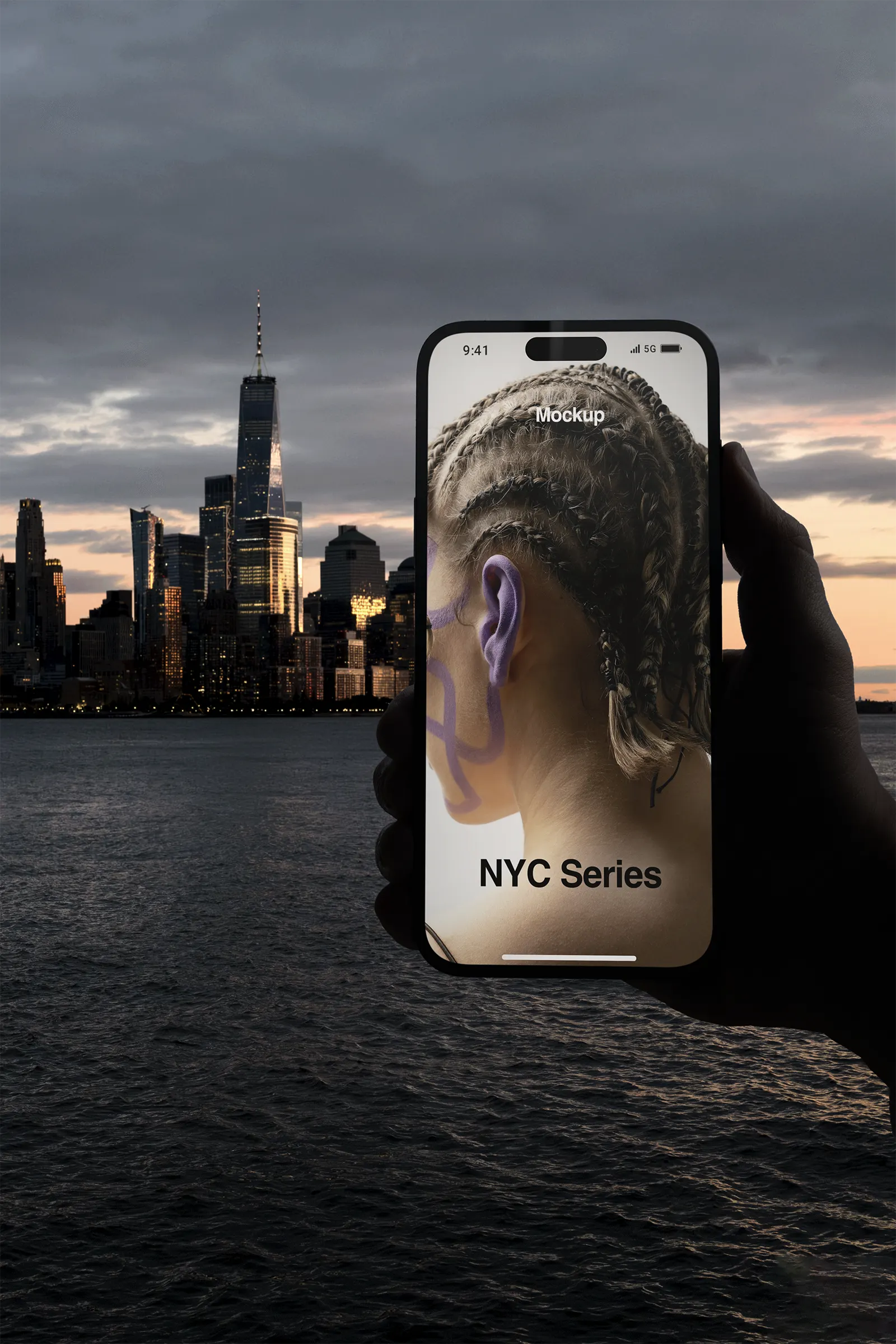 Phone mockup in front of Manhattan, New York, United States -iphone device photoshop mockup for graphic design US23NY1629