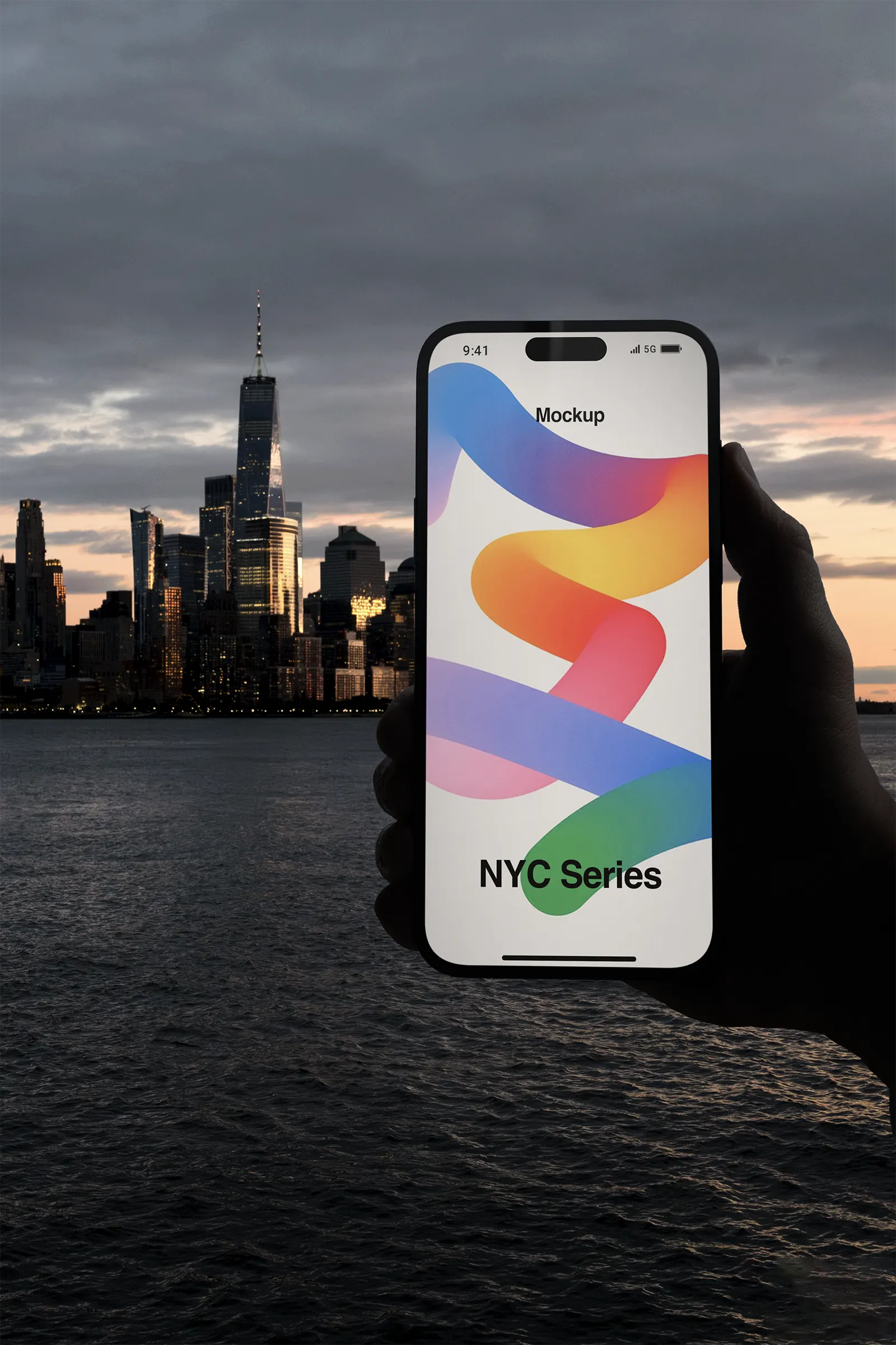 Phone mockup in front of Manhattan, New York, United States -iphone device photoshop mockup for graphic design US23NY1629