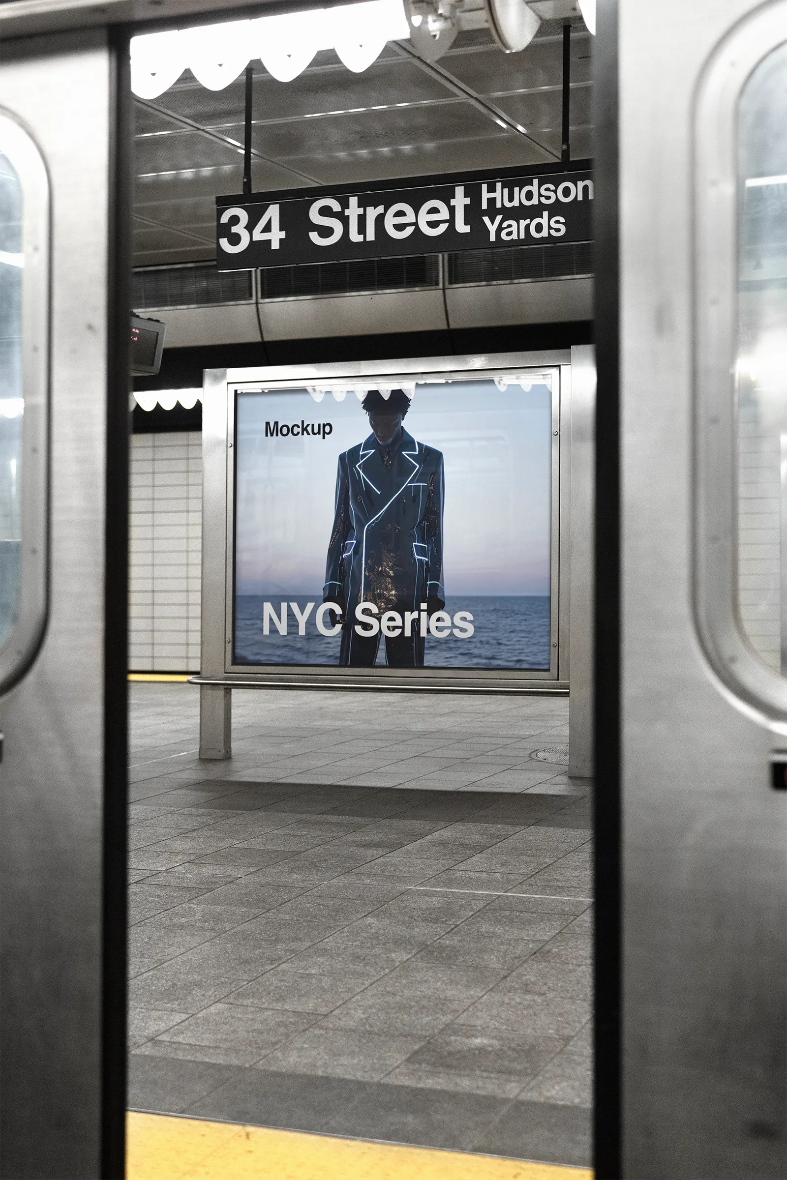 Poster billboard mockup in the New York City subway, Manhattan, United States - NY underground photoshop mockup for graphic design US23NY0030
