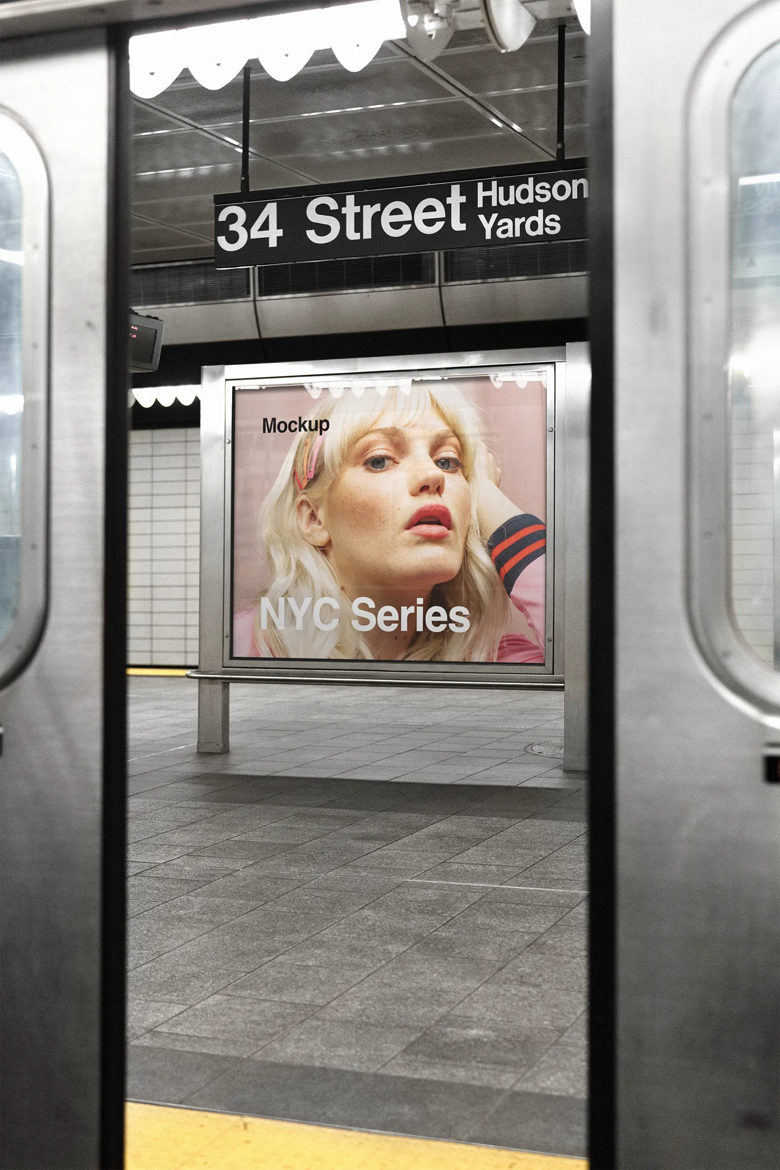 Poster billboard mockup in the New York City subway, Manhattan, United States - NY underground photoshop mockup for graphic design US23NY0030
