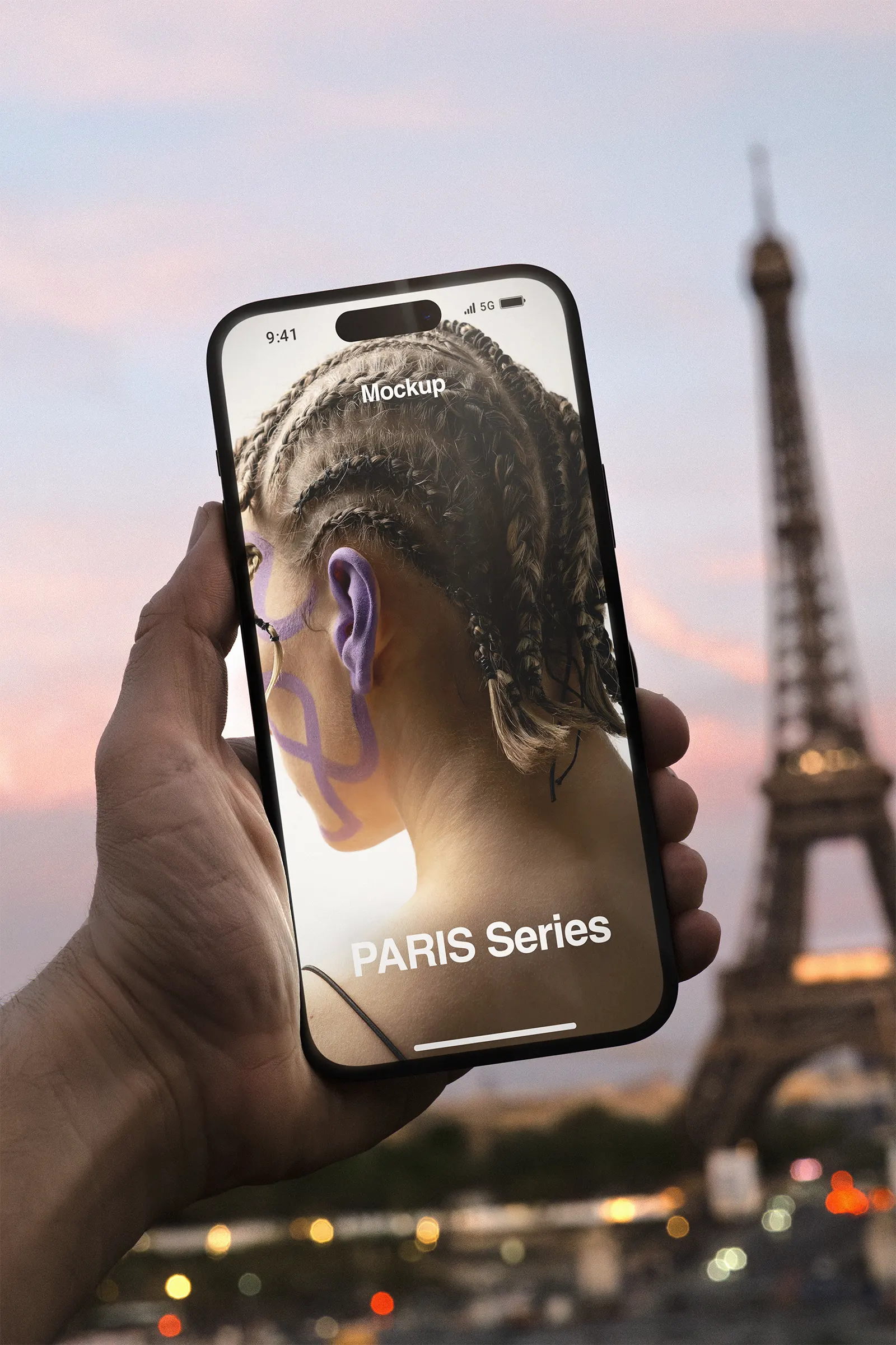 Phone mockup in front of the Eiffel Tower in Paris, France - iphone photoshop mockup for graphic design FR24PRS011