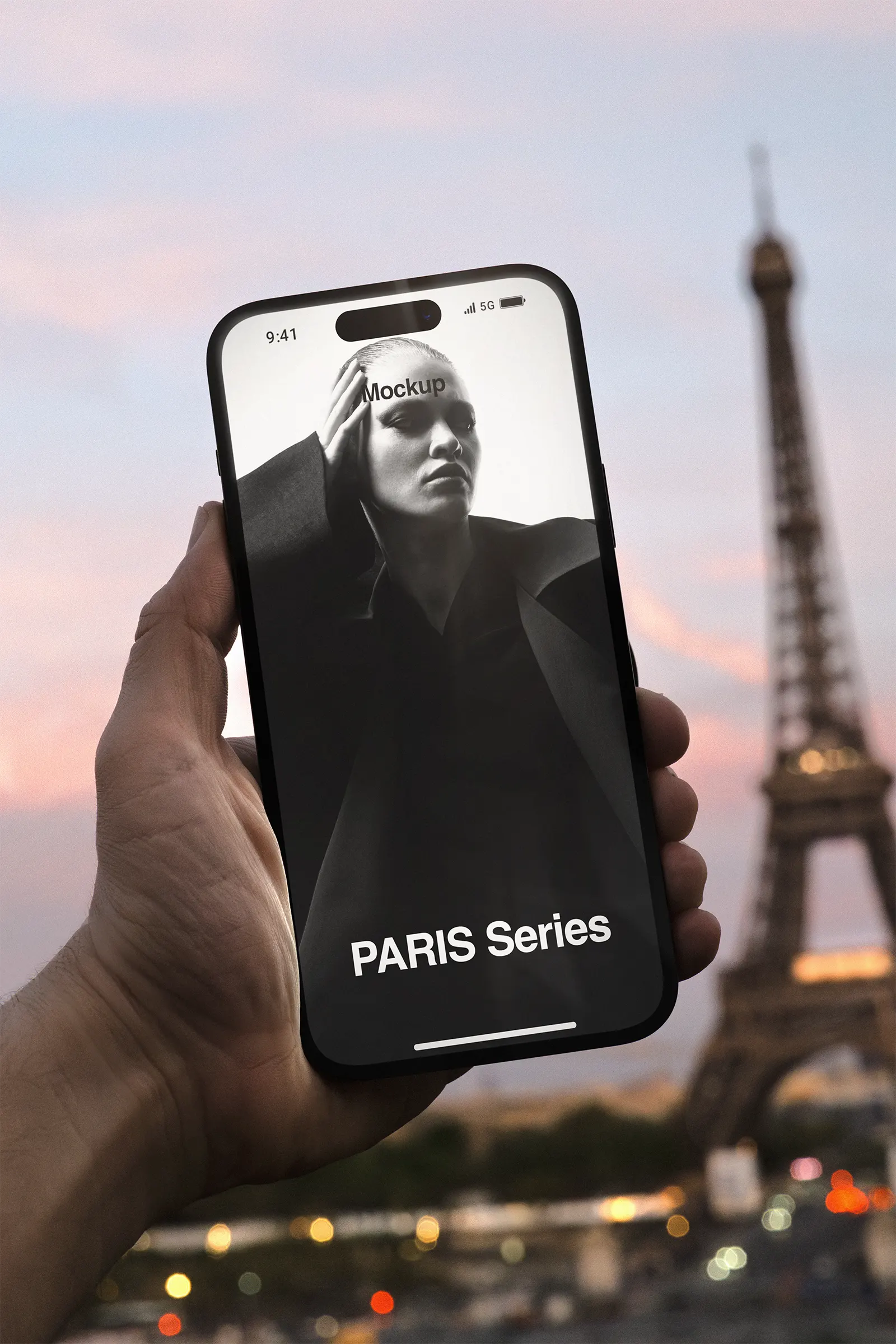 Phone mockup in front of the Eiffel Tower in Paris, France - iphone photoshop mockup for graphic design FR24PRS011