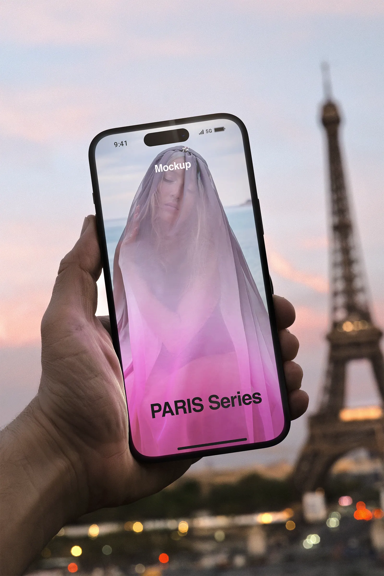 Phone mockup in front of the Eiffel Tower in Paris, France - iphone photoshop mockup for graphic design FR24PRS011