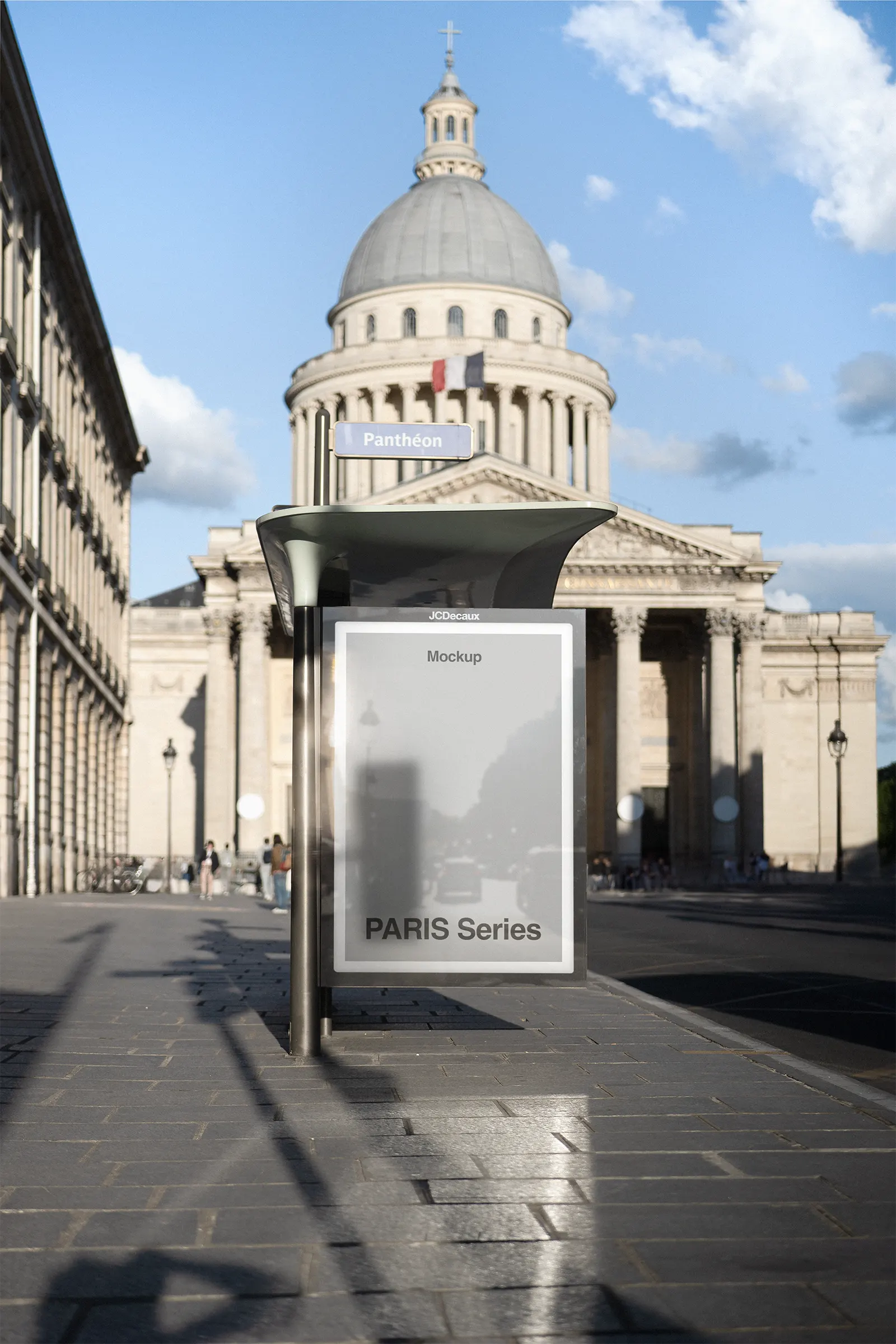Poster mockup in front of the Pantheon in Paris, France - bus shelter mockup for graphic design FR23PRS0101