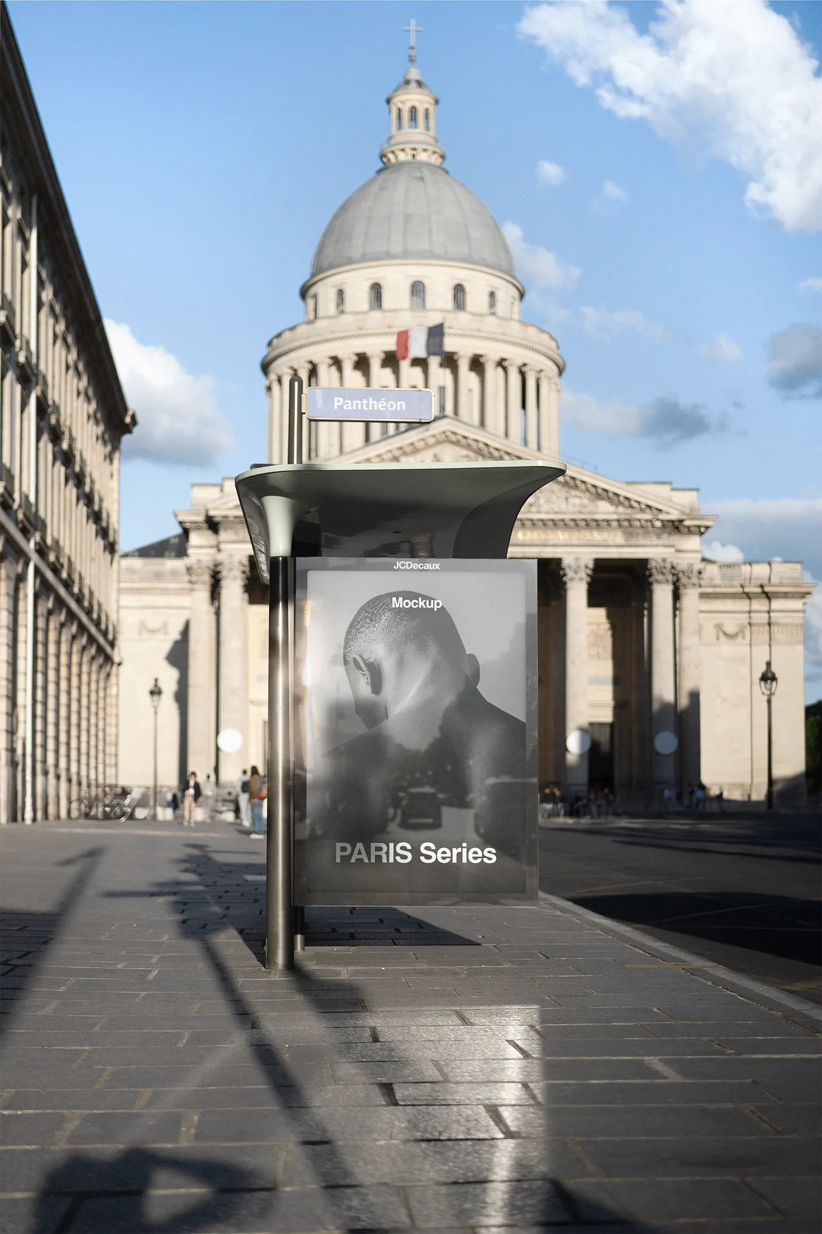 Poster mockup in front of the Pantheon in Paris, France - bus shelter mockup for graphic design FR23PRS0101