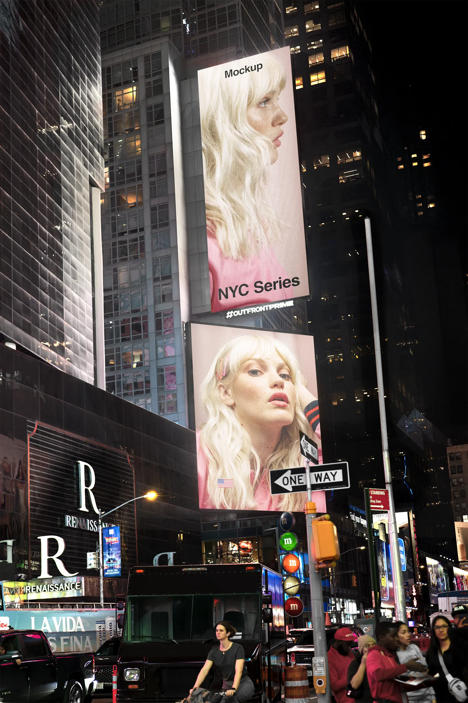 Digital billboard mockup on Times Square, Broadway, New York, United States - NY poster photoshop mockup for graphic design US23NY1236