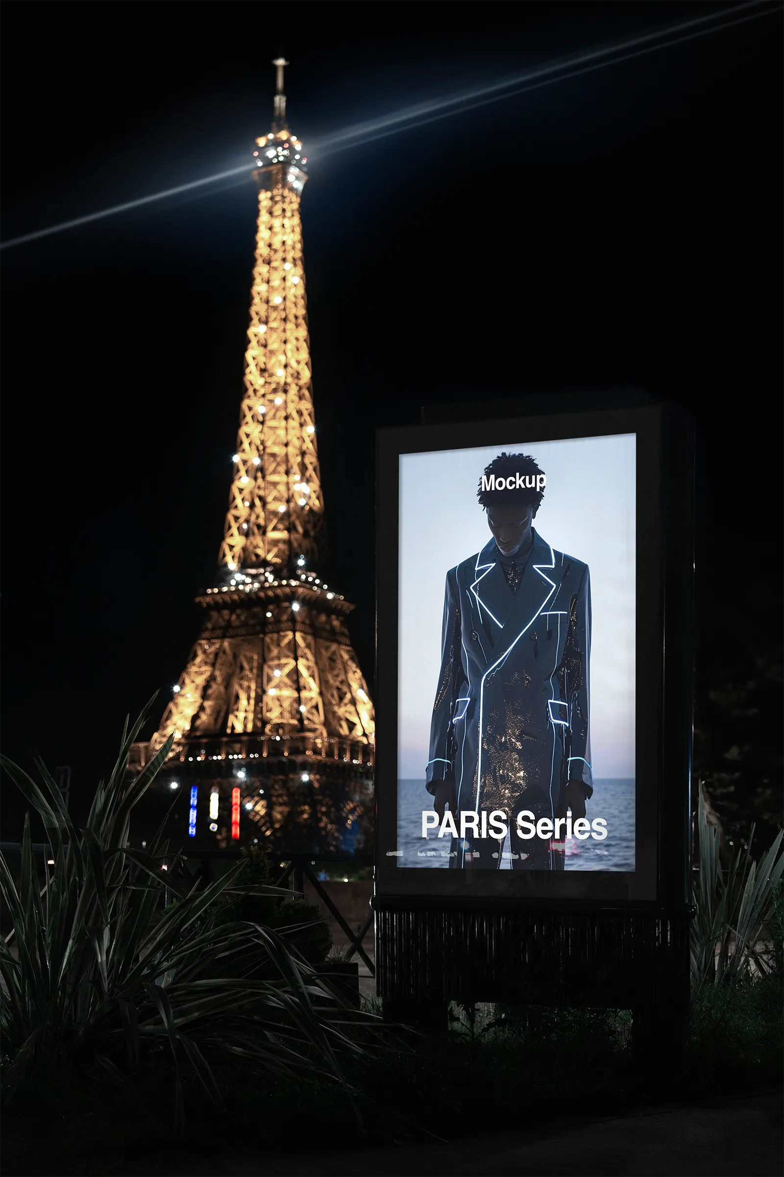Poster mockup in front of the Eiffel Tower in Paris, France - billboard photoshop mockup for graphic design FR24PRS009
