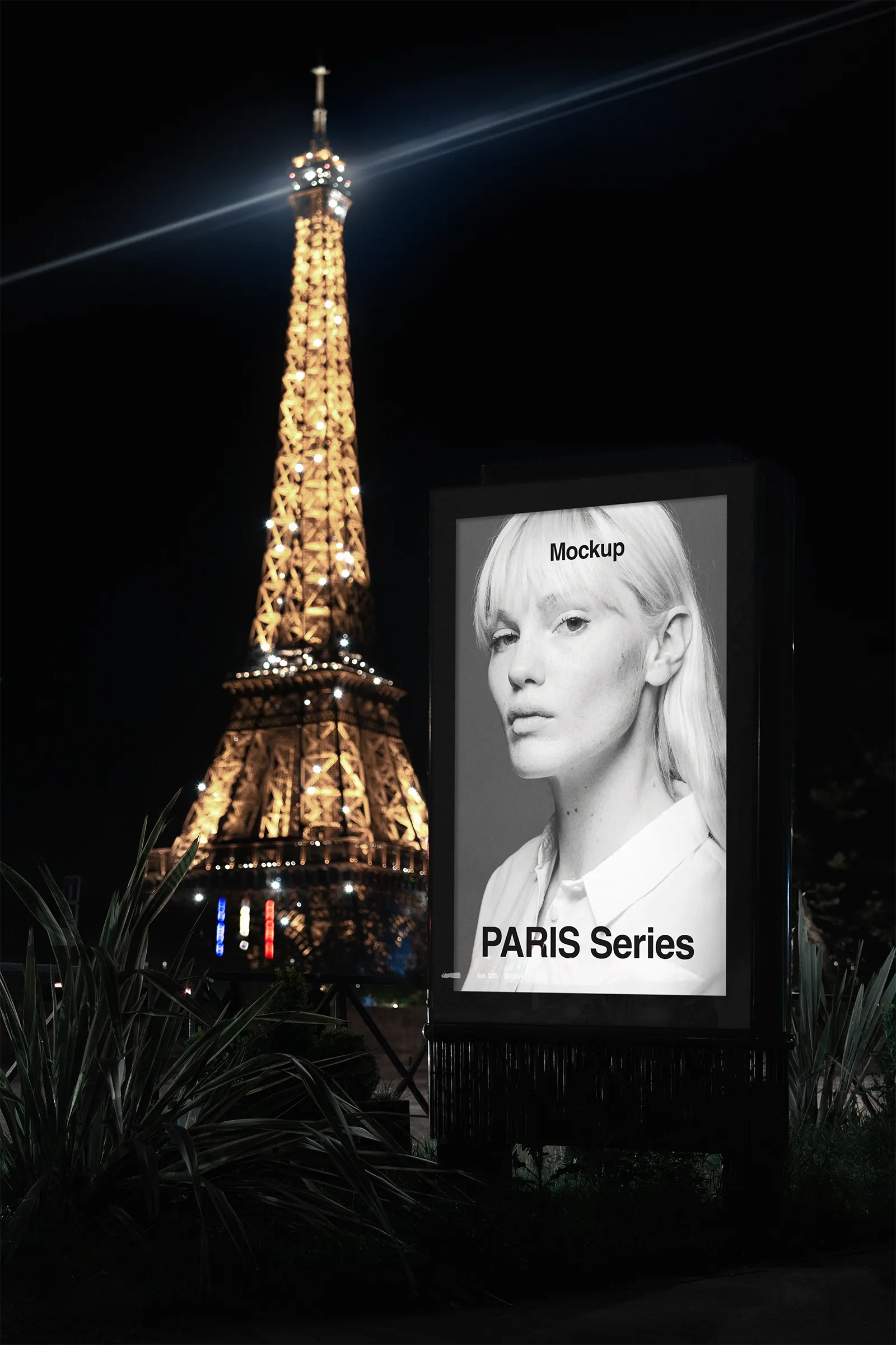 Poster mockup in front of the Eiffel Tower in Paris, France - billboard photoshop mockup for graphic design FR24PRS009