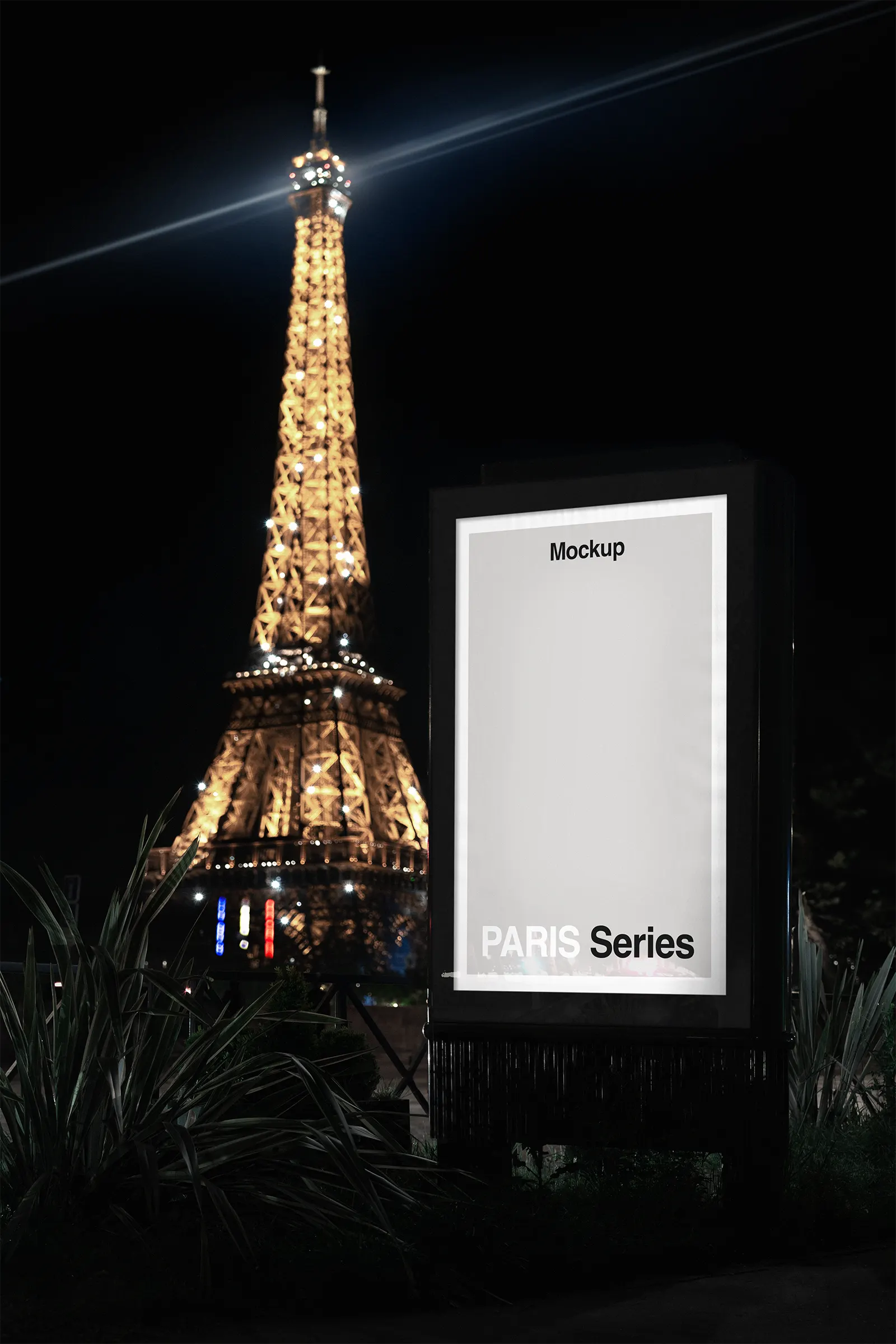 Poster mockup in front of the Eiffel Tower in Paris, France - billboard photoshop mockup for graphic design FR24PRS009