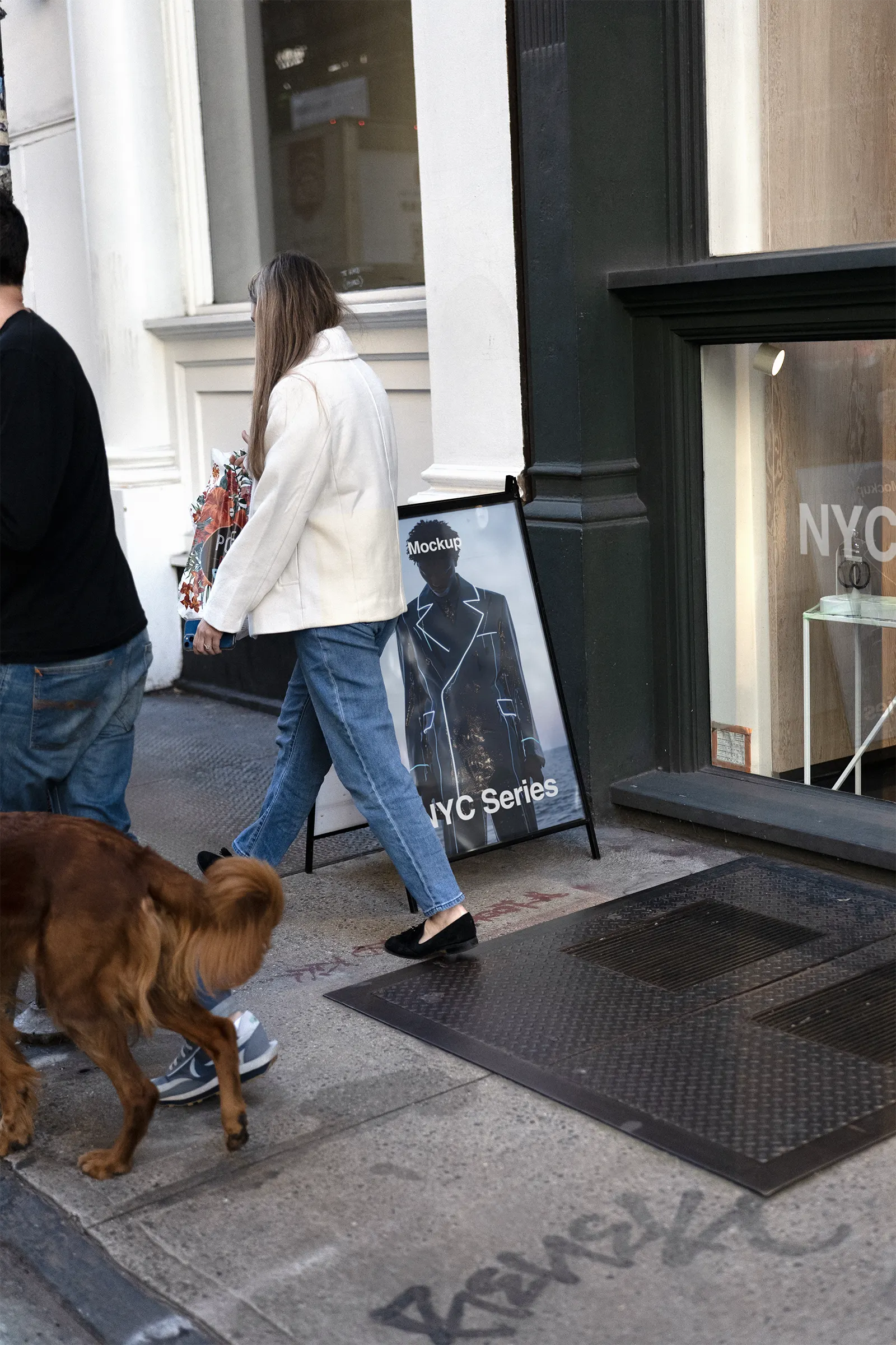 A-frame Sign Poster mockup on the street in Soho, Manhattan, New York, United States - NY billboard screen photoshop mockup for graphic design US23NY1288