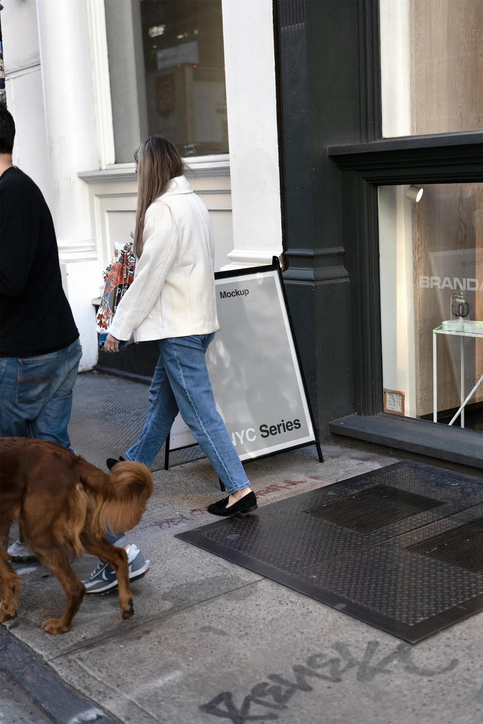 A-frame Sign Poster mockup on the street in Soho, Manhattan, New York, United States - NY billboard screen photoshop mockup for graphic design US23NY1288