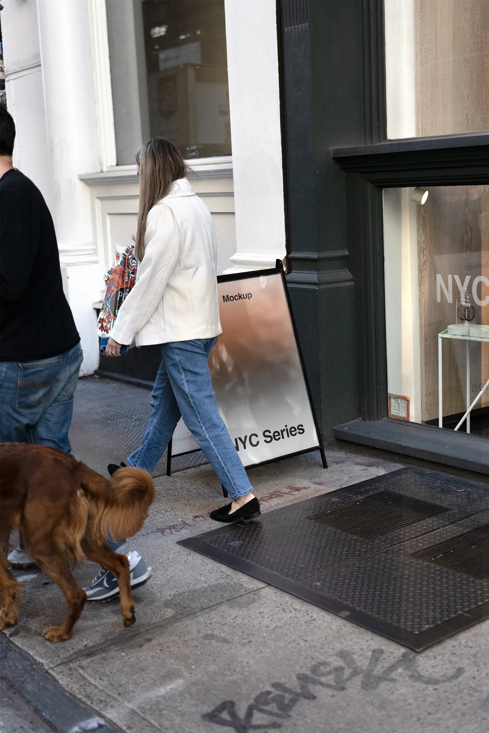 A-frame Sign Poster mockup on the street in Soho, Manhattan, New York, United States - NY billboard screen photoshop mockup for graphic design US23NY1288