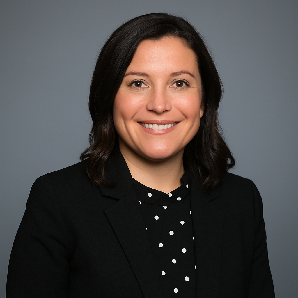 Smiling woman with shoulder-length dark hair wearing a black blazer over a black blouse with white polka dots against a gray background.