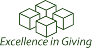 Four white cubes arranged in a cluster above the text 'Excellence in Giving' in dark green.