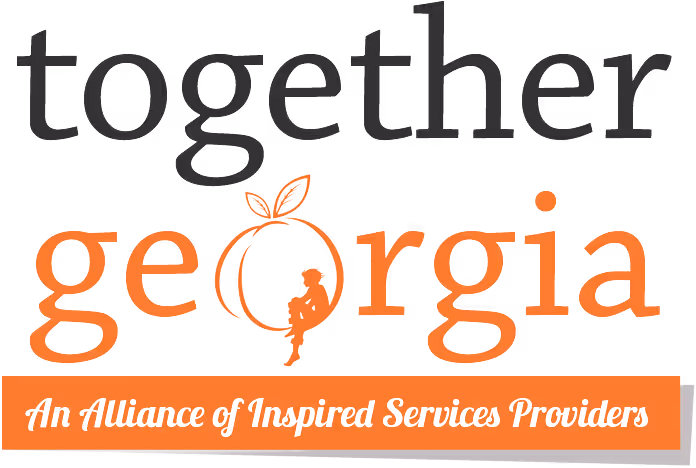 Logo with the word 'together' in gray above the word 'georgia' in orange, featuring a silhouette of a child sitting inside the letter 'o' shaped like an orange with leaves, and the tagline 'An Alliance of Inspired Services Providers' below.