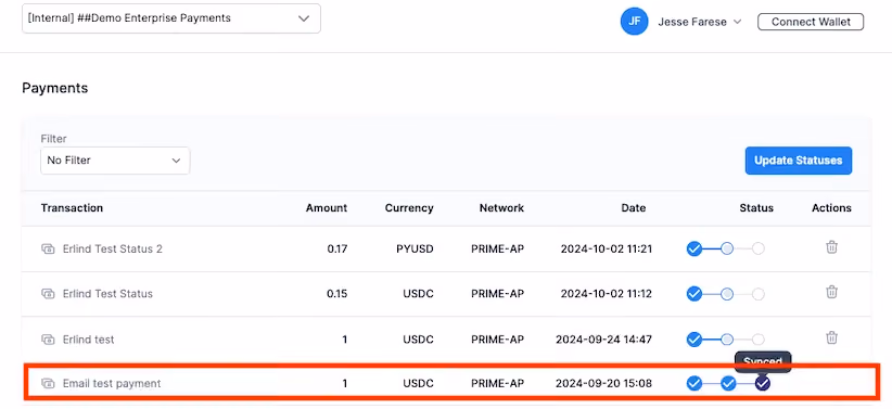 Stablecoin payment record sent back to ERP system