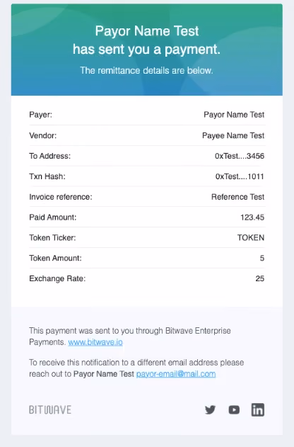 Example of Bitwave token-based invoices
