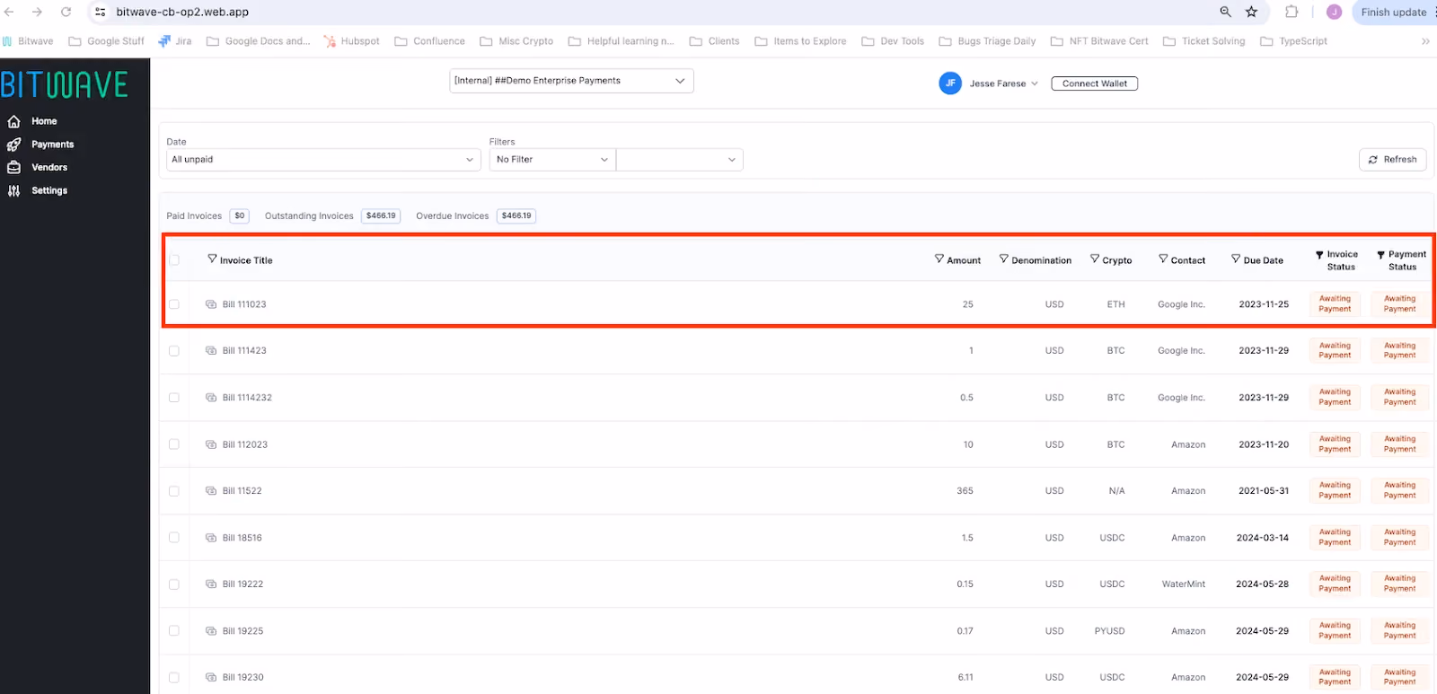 Stablecoin invoice received