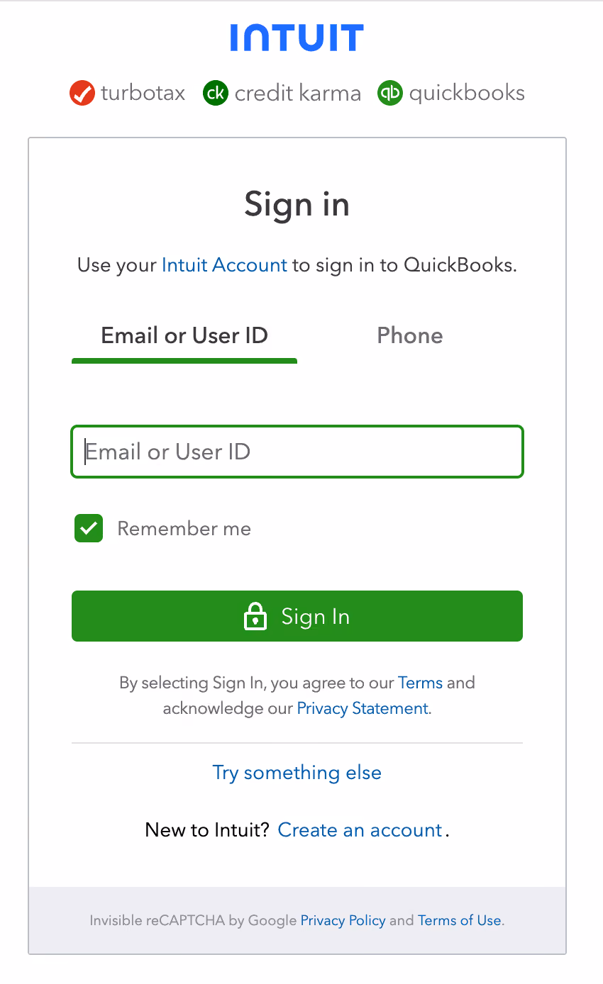 Sign in through Intuit interface